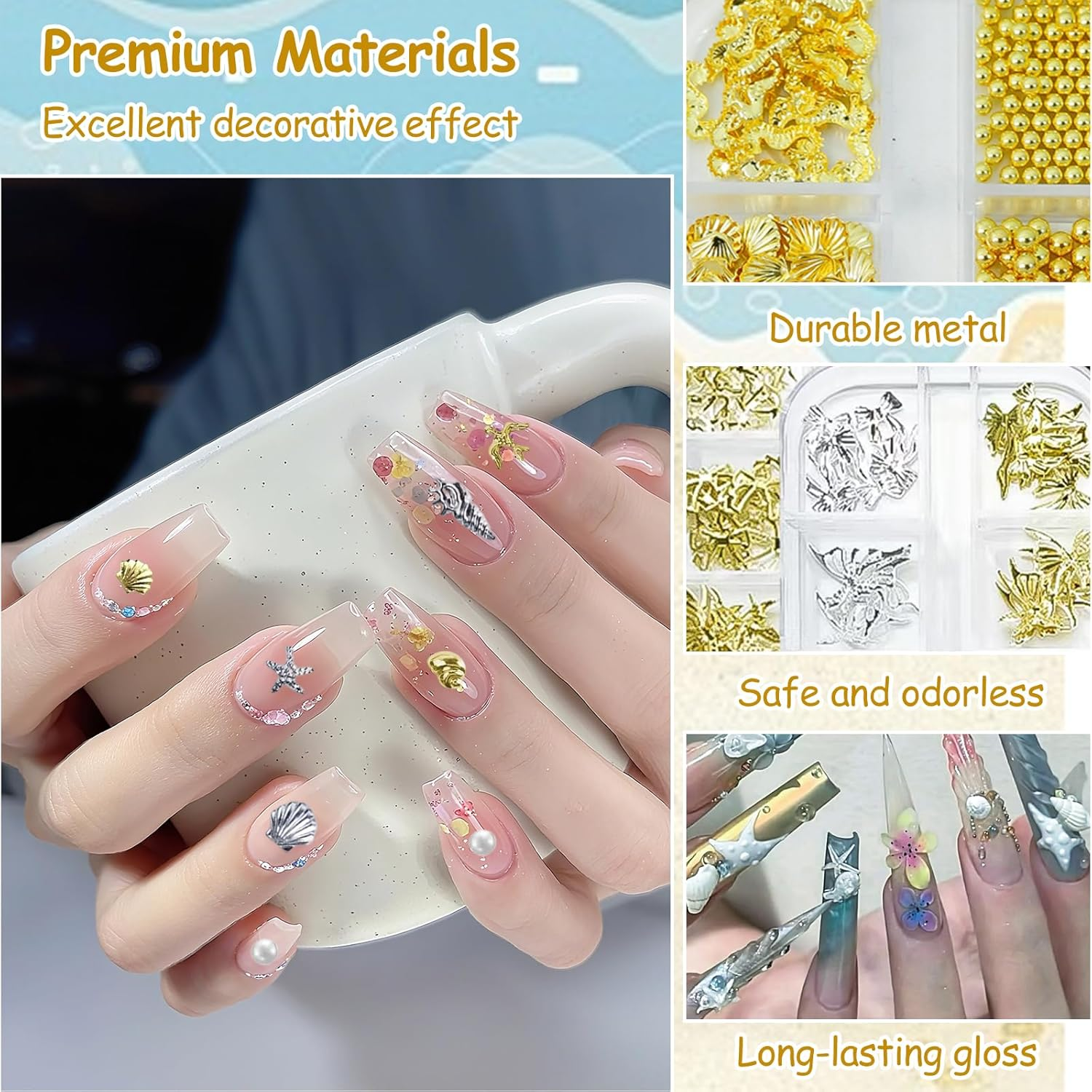 3D Nail Charms, 2 Boxes Gold Silver Nail Stuff Nail Gems Rhinestones Charms, 3D Ocean Nail Studs Starfish Shell Seahorse Metal Nail Charms for Women Girls Nail Art DIY Accessories image number 2