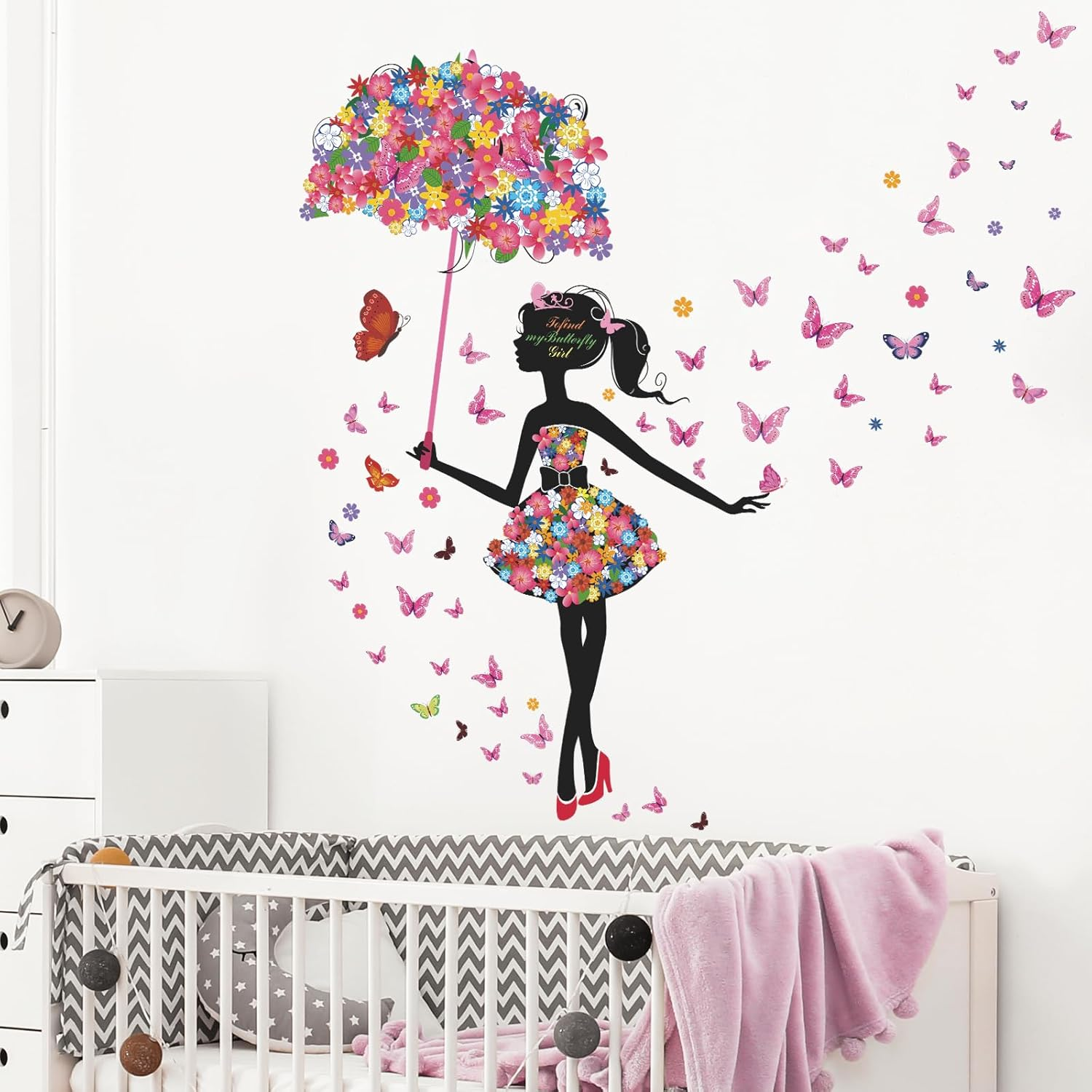 Supzone Flower Fairy Wall Decal Girl with Umbrella Wall Sticker Colorful Butterfly Floral Wall Decor DIY Vinyl Mural Art for Girls Baby Nursery Bedroom Living Room Playroom