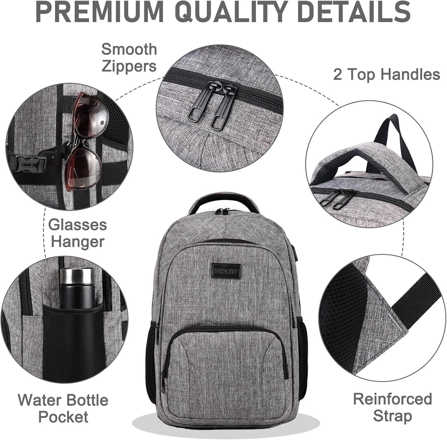 Laptop Backpack, VASCHY Water Resistant Business Travel Backpack for Men Women with USB Port College School Computer Bag Fits 15.6 Inch Laptop Light Gray image number 4