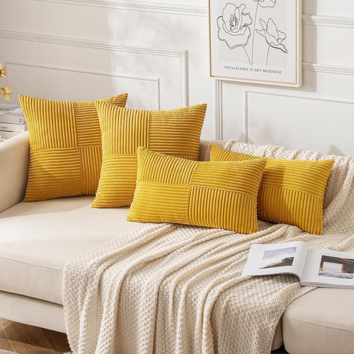 2 Pack Beige Boho Decorative Corduroy Throw Pillow Covers 18X18 Inch Soft Pillow Covers Solid Pillowcases Cross Patchwork Textured Cushion Covers for Living Room Decor Couch Bed Sofa-Yellow - Green image number 3