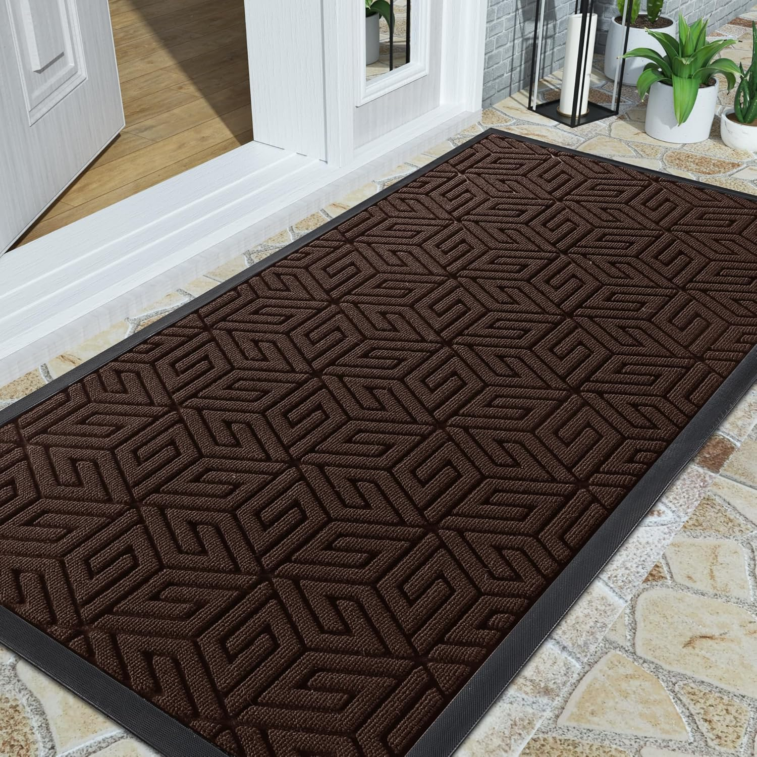 Yimobra Sturdy Front Door Mat, Heavy Duty Doormat for Outdoor Indoor, Non Slip Rubber Floor Mat for Entry, Easy Clean, Waterproof, Low Profile, Patio, Busy Areas, 17X29.5 Inch, Pale Khaki