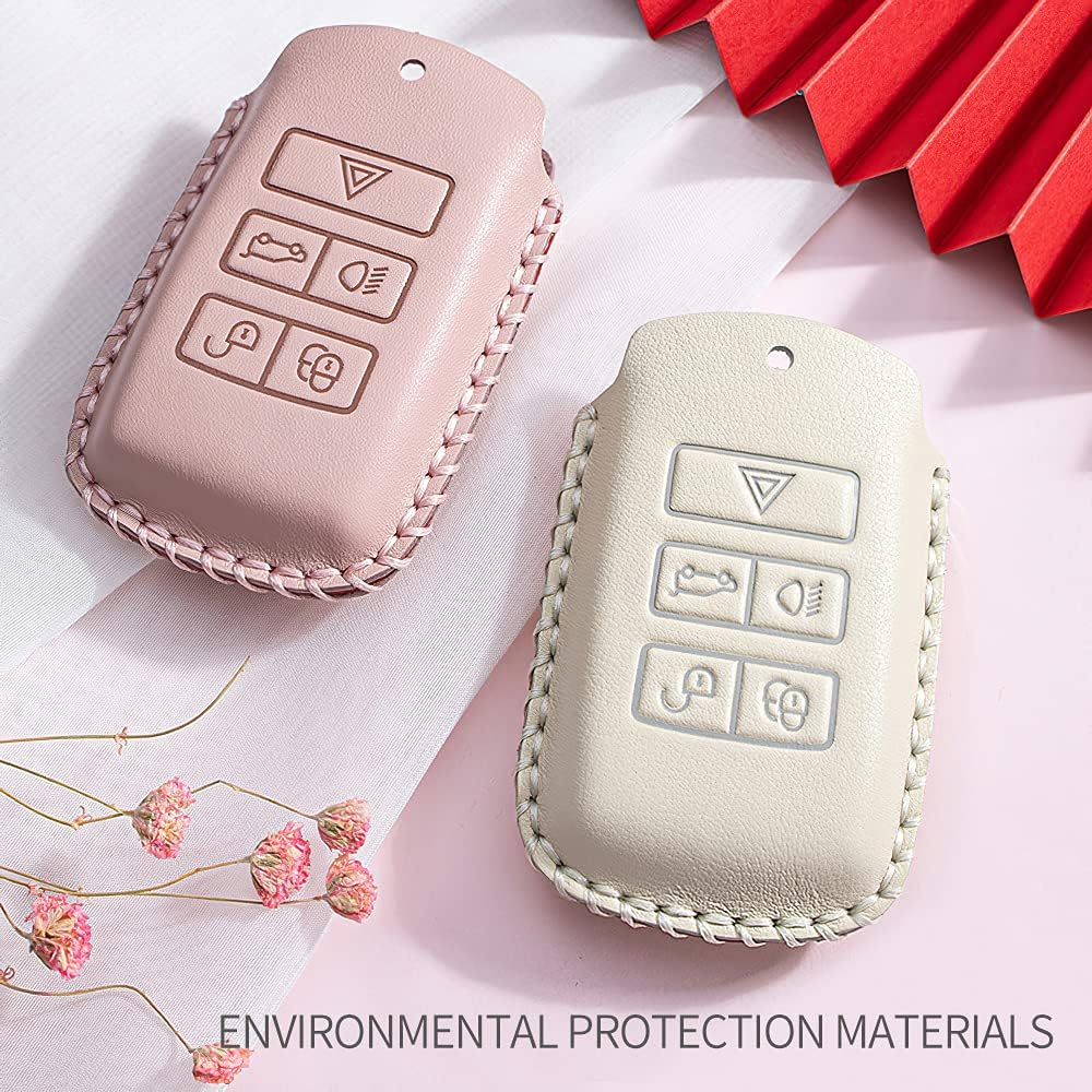 Ontto Leather Car Key Fob Cover Keyring for Land Rover Defender Discovery Evoque LR4 Range Rover Sport Jaguar 5-Buttons Accessories Key Case Keychain Remote Key Shell Key Holder Protector Beige A image number 2