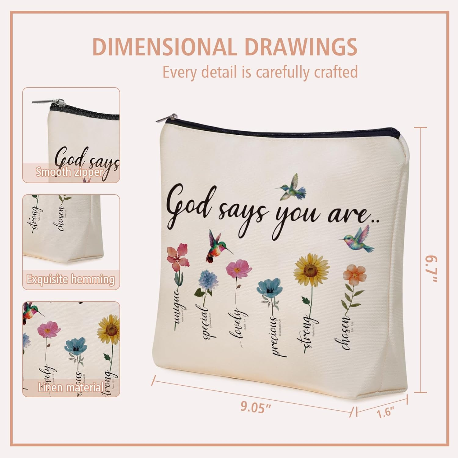Girlly God Says You Are Scripture Makeup Bag Christian Valentines Day Gift: Inspirational Bible Verse Cosmetic Bag, Affirmations & Encouragement Gifts, Flower Bird Themd Birthday Gifts for Women Girls image number 4