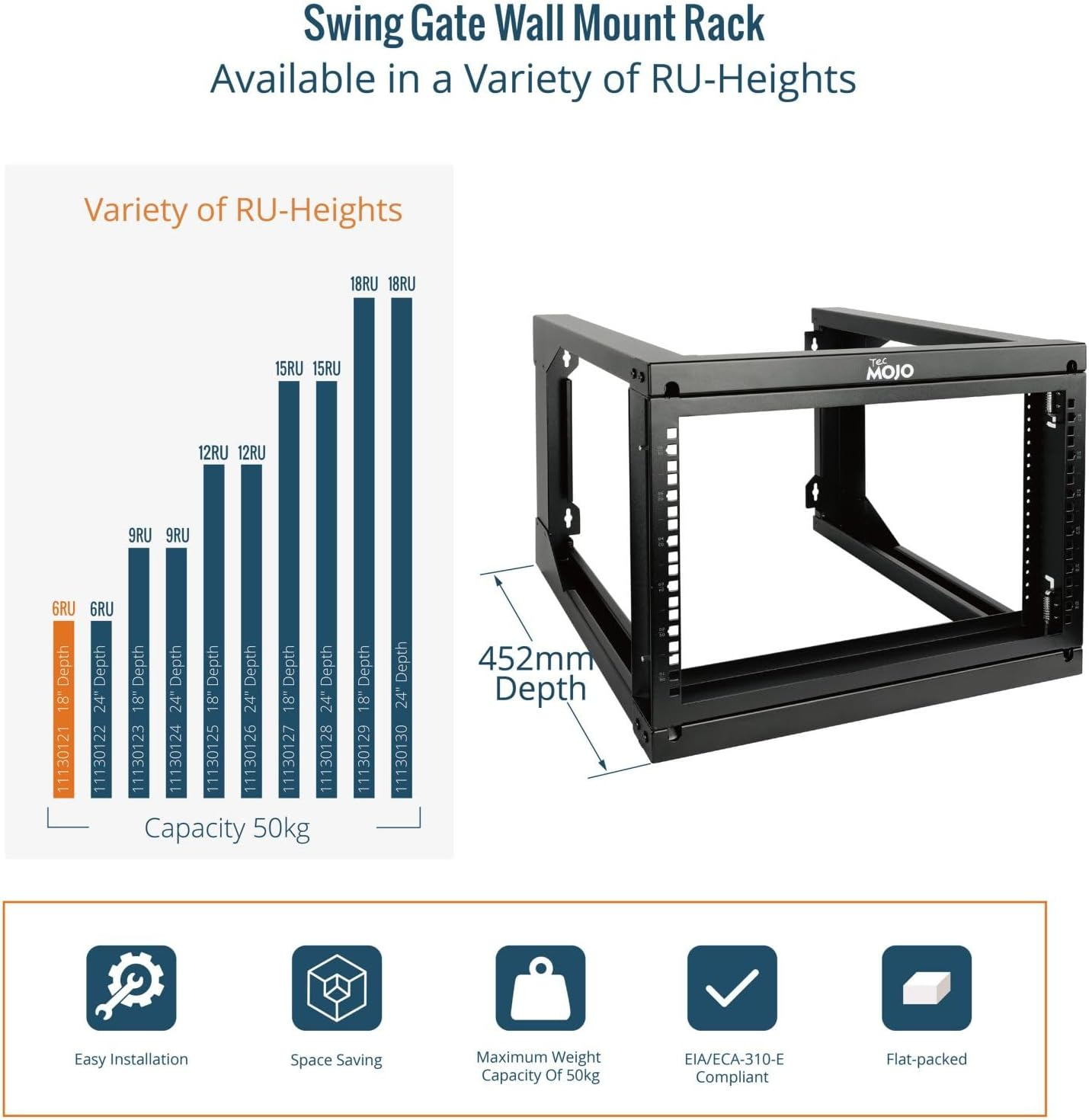 Tecmojo 2 Post 6RU Wall Mount Server Rack, 19 Inches Open Frame Server Rack with 180 Degree Swing Gate, 457 Mm Deep, for Computer/Av/Data/It/Media Equipment