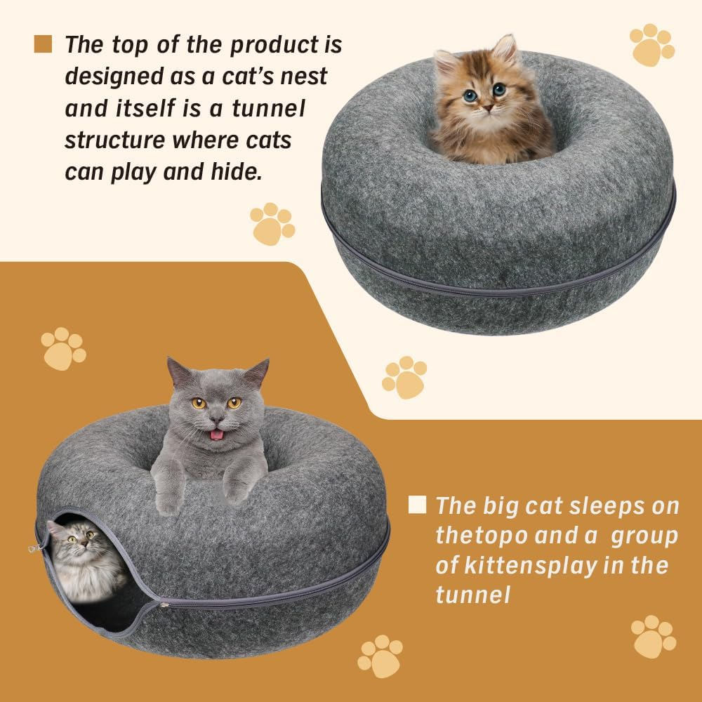 VAKA Felt Cat Cave Bed with Zipper &ndash; 59X59X29Cm Donut-Shaped Cat Tunnel Bed for Indoor Cats &ndash; Washable & Detachable Cat House for Multiple Cats, Dark Grey image number 6