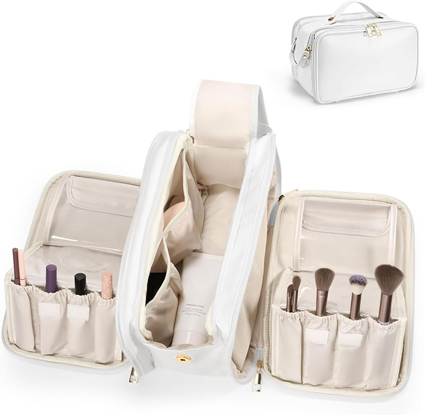 Large Makeup Bag, Portable Travel Makeup Bag Organizer,Women'S Large Capacity Cosmetic Organizer Waterproof Storage Toiletry Bags Vertical Free-Standing Brush Holder & Two Side Pockets (Black)