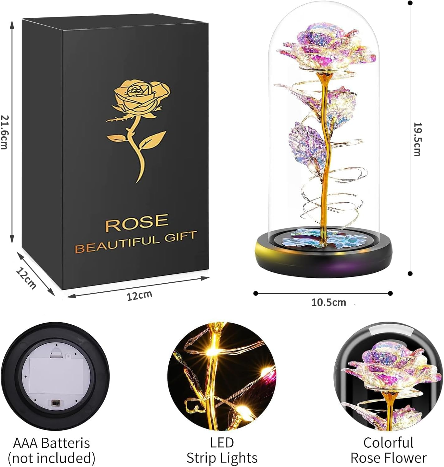Gifts for Women, Mothers Day Flowers Gifts for Mom from Daughter Son, Valentines, Colorful Rainbow Light up Rose in a Glass Dome Mom Birthday Presents for Her Wife Grandma (Colourful) - Purple image number 6