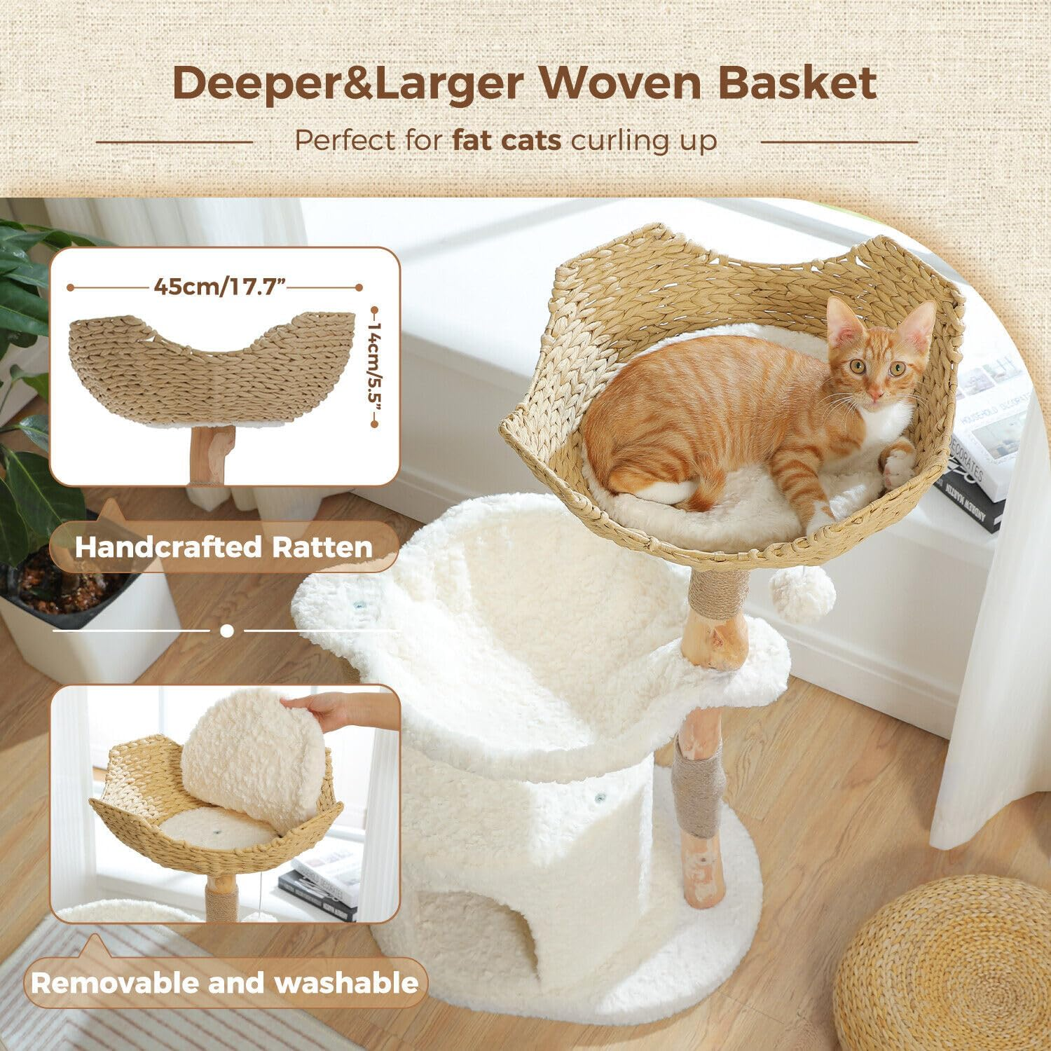 PAWZ Road Modern Cat Tree, Real Wood Cat Tower for Indoor Large Cats, Luxury Cat Furniture with Large Cozy Hammock(Dia=40Cm),Spacious Cat Condo,Baskets Perch and Dangling Ball White image number 2