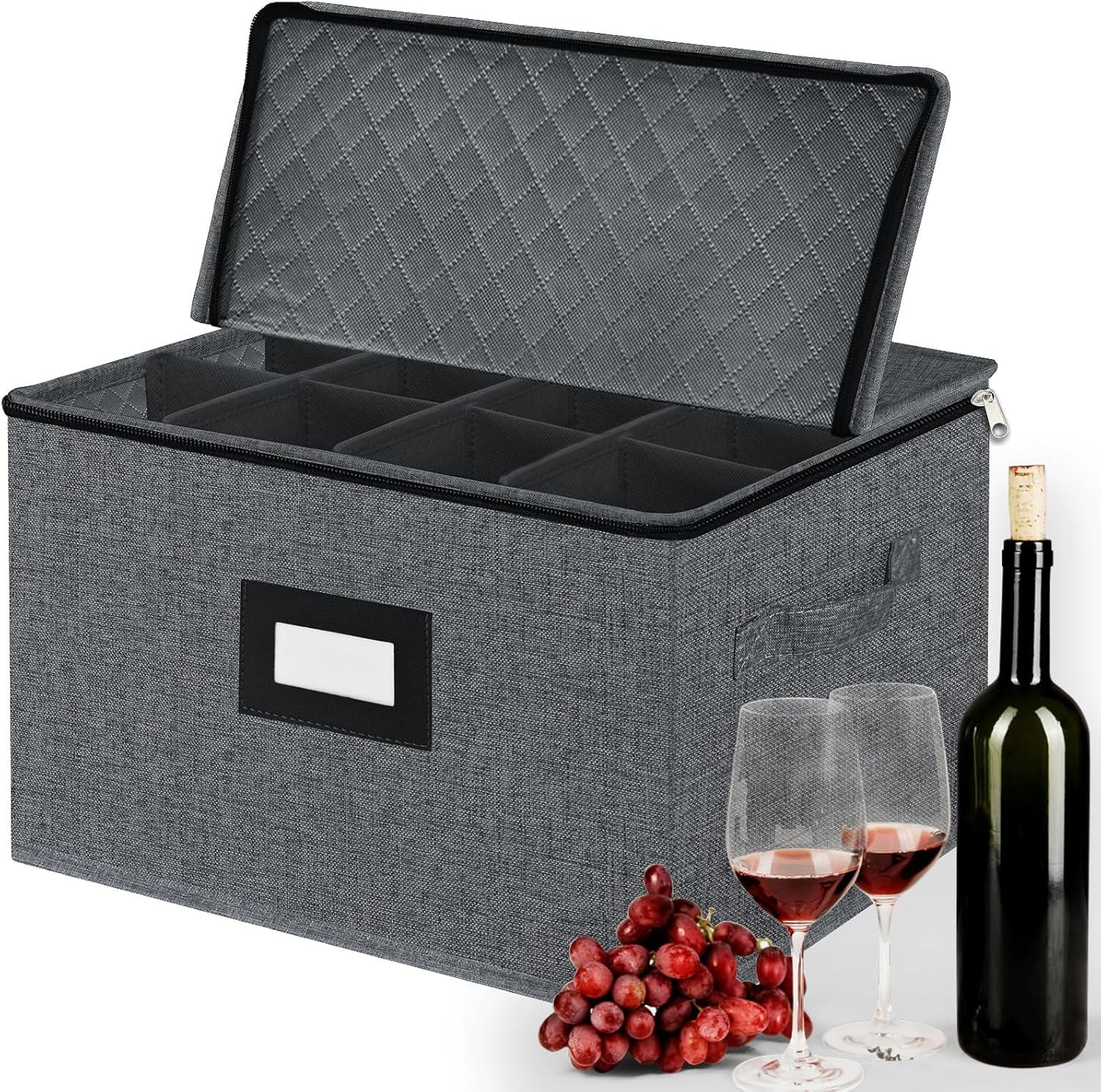VERONLY Stemware Storage Box - China Storage Containers Holds 12 Wine Glass or Crystal Glassware Case, Stackable with Lable Window and Handles(Grey) image number 3