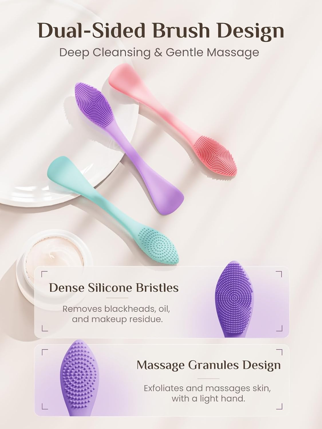 Rena Chris Silicone Face Scrubber, 3 in 1 Face Mask Applicator & Pore Cleaning Brush, 3 Pack Double-End Facial Cleansing Brush for Exfoliating, Blackhead Removal, Skincare Applicator for Mud image number 5