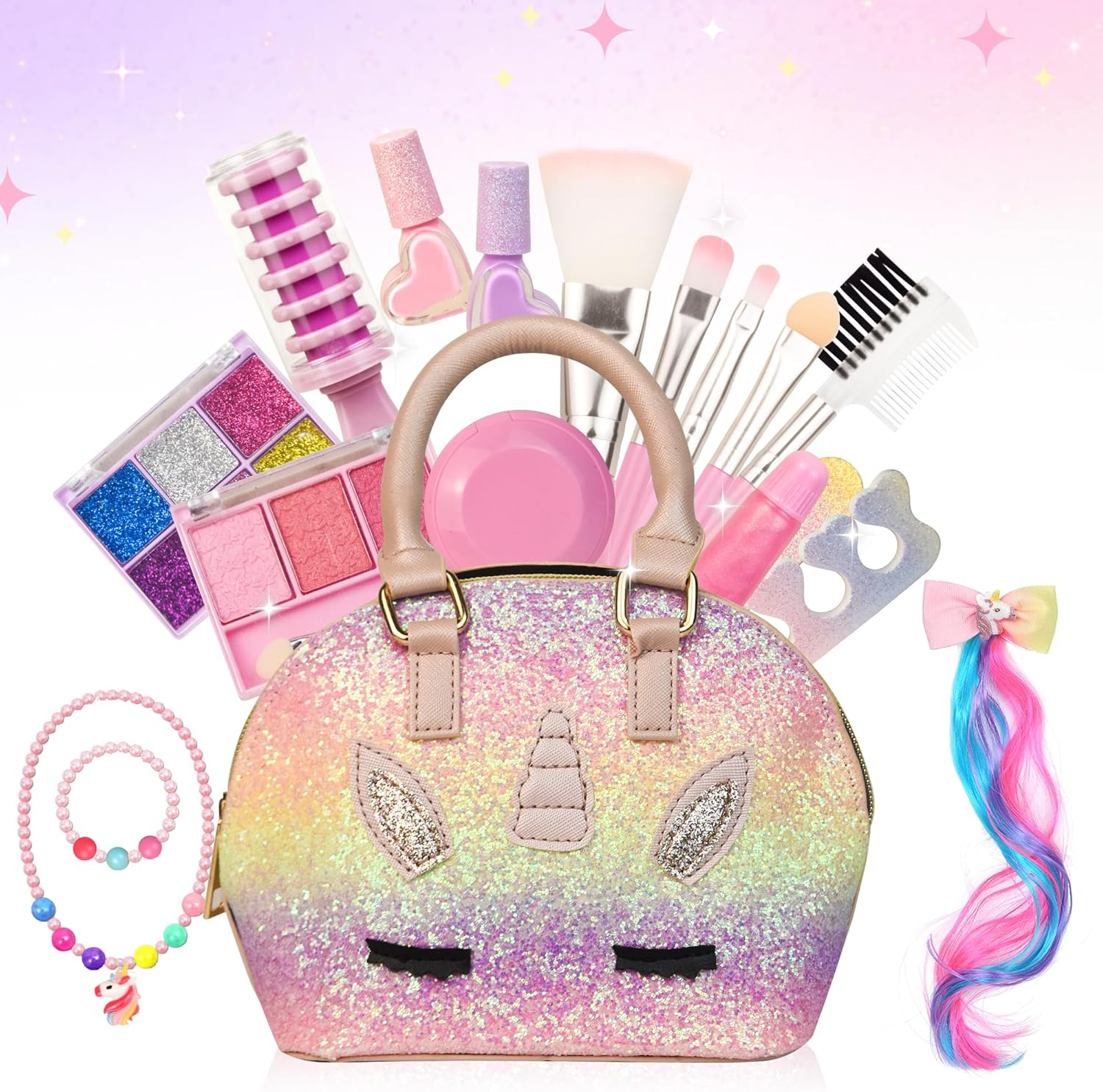 Kids Washable Makeup Kit for Girls - Real Make up Set with More Kits- Pretend Play Beauty Toys for Toddlers and Kids, Christmas Birthday for Girls Ages 3-12 (Pink Unicorn)
