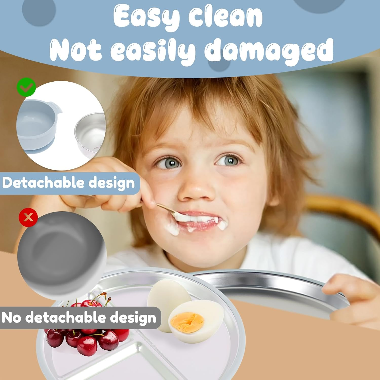 4 Pcs Stainless Steel Kids Plates Set Includes Plate Bowl Fork and Spoon, Creative Divided Food Tray, Dishwasher Safe Baby Feeding Set for Home Picnic Outdoor Activity (Light Blue) image number 3