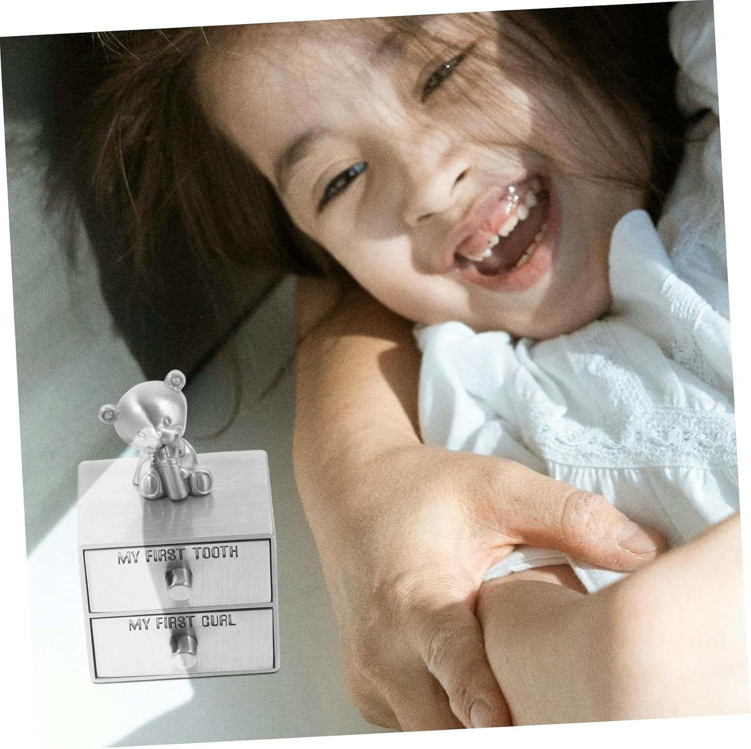 First Tooth and Hair Keepsake Box Metal Organizer for Fetal Hair and Deciduous Teeth Adorable Double Container for Cherishing Memories for Boys