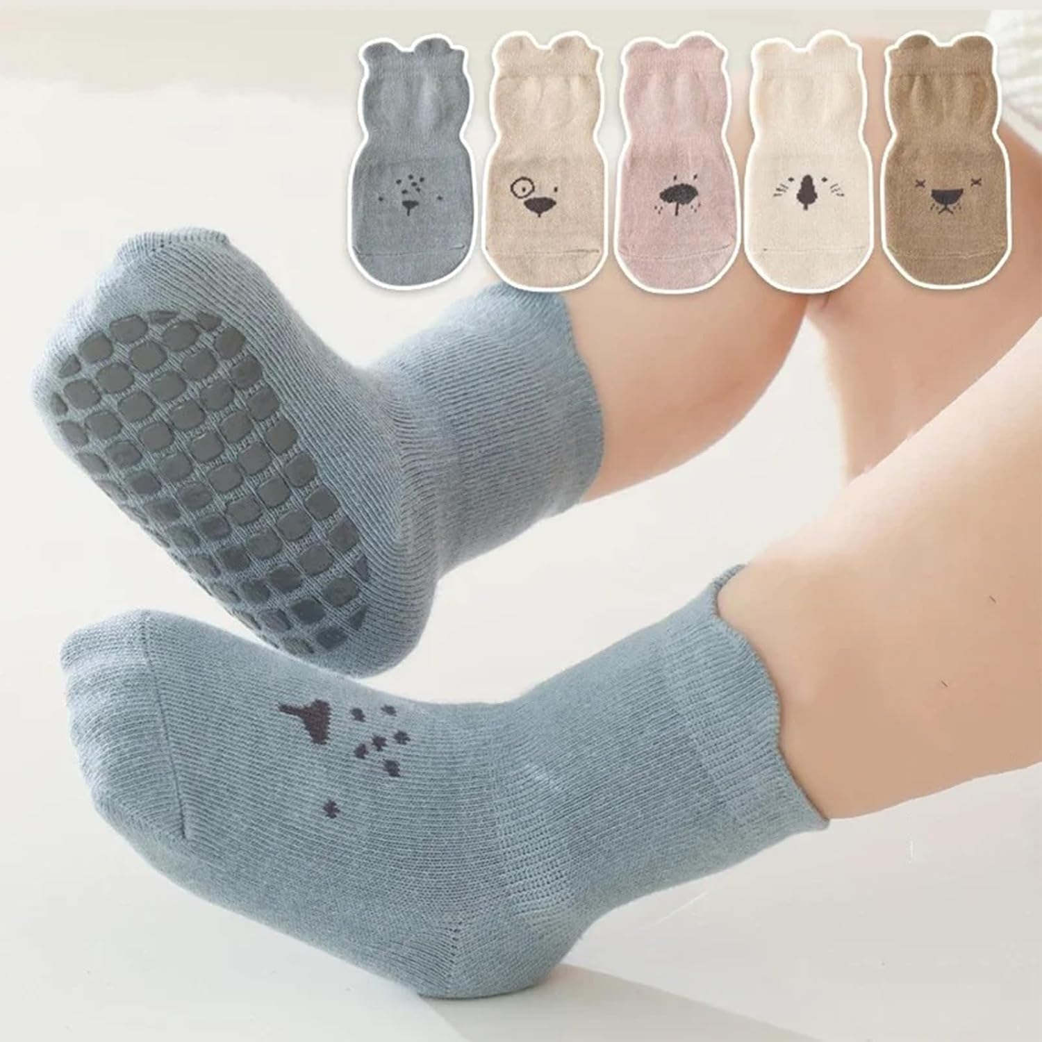 5 Pairs Unisex Baby Non Slip Grip Socks,Infants Floor Ankle Socks anti Skid Crawling Socks for Baby Boys Girls for 1-3Years image number 6