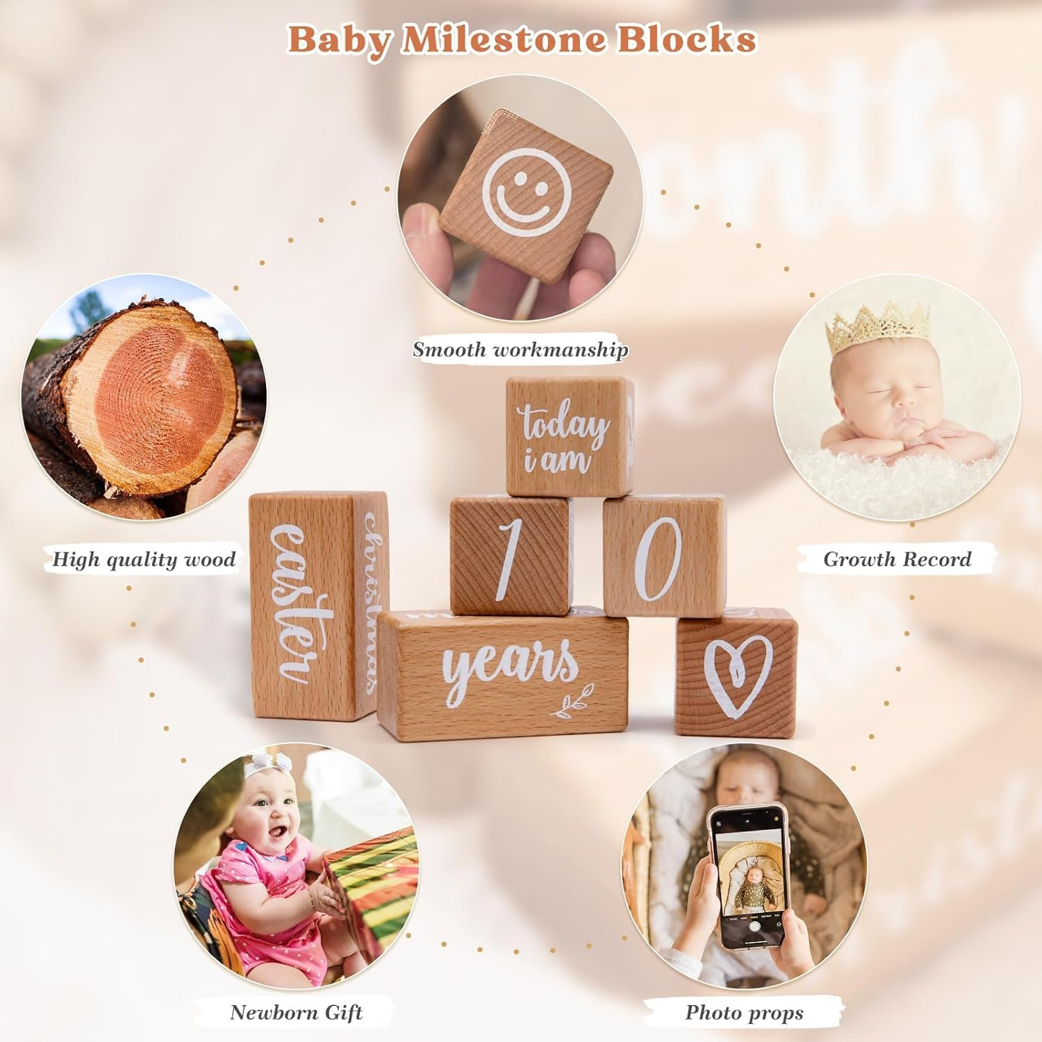 EERKEOD 6 PCS Baby Milestone Blocks Month Blocks Baby Age Blocks for Monthly Milestone Wooden Baby Photo Props Set Perfect for Baby Shower and Keepsake image number 6