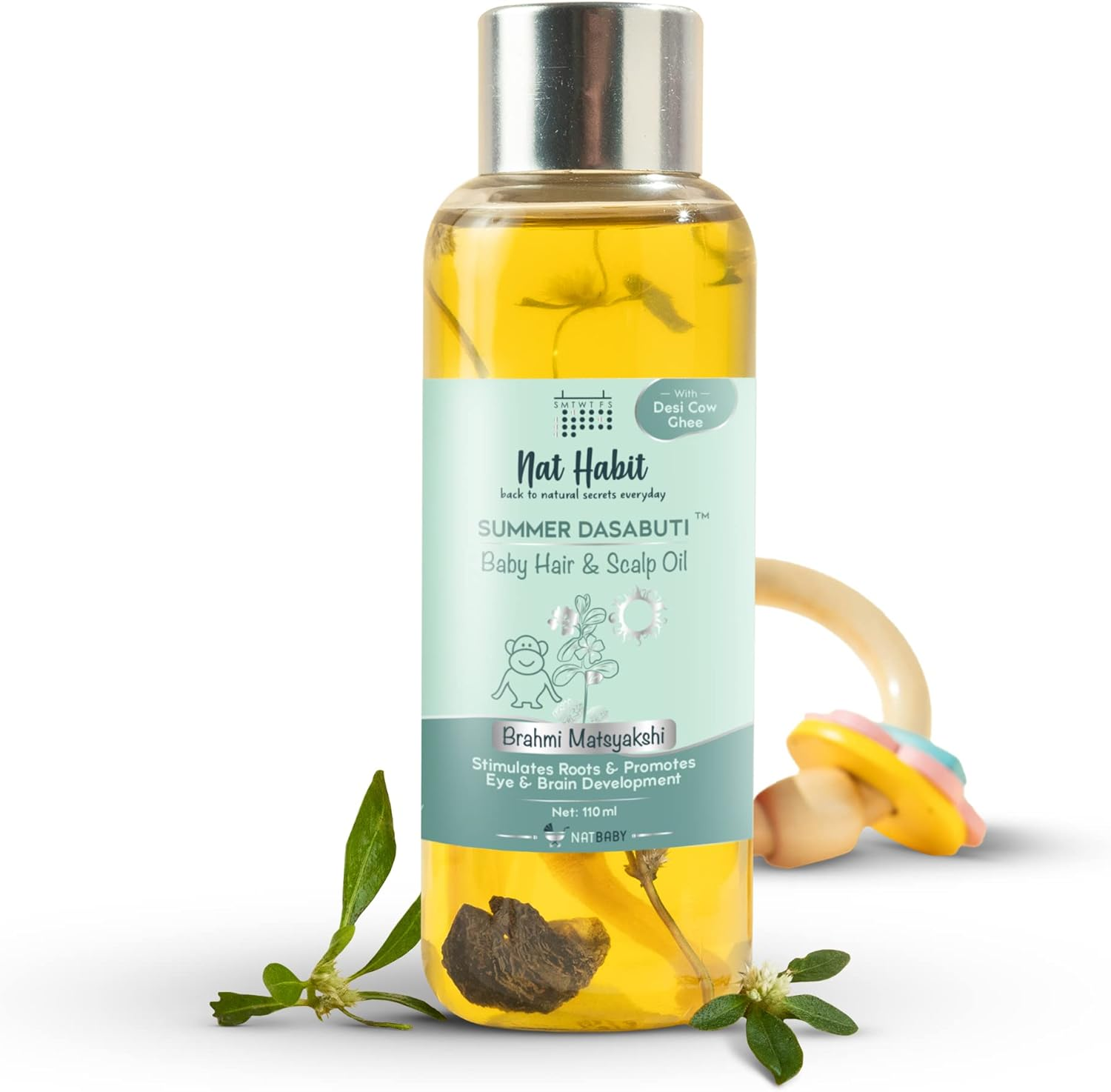 Nat Habit Summer Baby Hair Oil for Kids 0-5 Years | Ayurvedic Hair Oil for Baby with Brahmi, Matsyakshi & Dasabuti | Baby Hair Growth Oil with Desi Ghee & Cold Pressed Oils | Cools Body, Aids Sleep image number 3