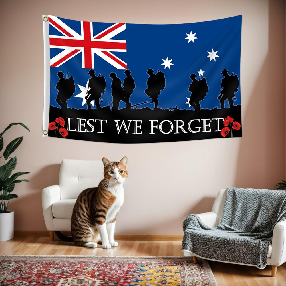 Australian Lest We Forget Flag 3X5FT Australia Anzac Day Flag 2 Grommet Decor Outdoor Flags for Memorial Day (Blue) image number 3