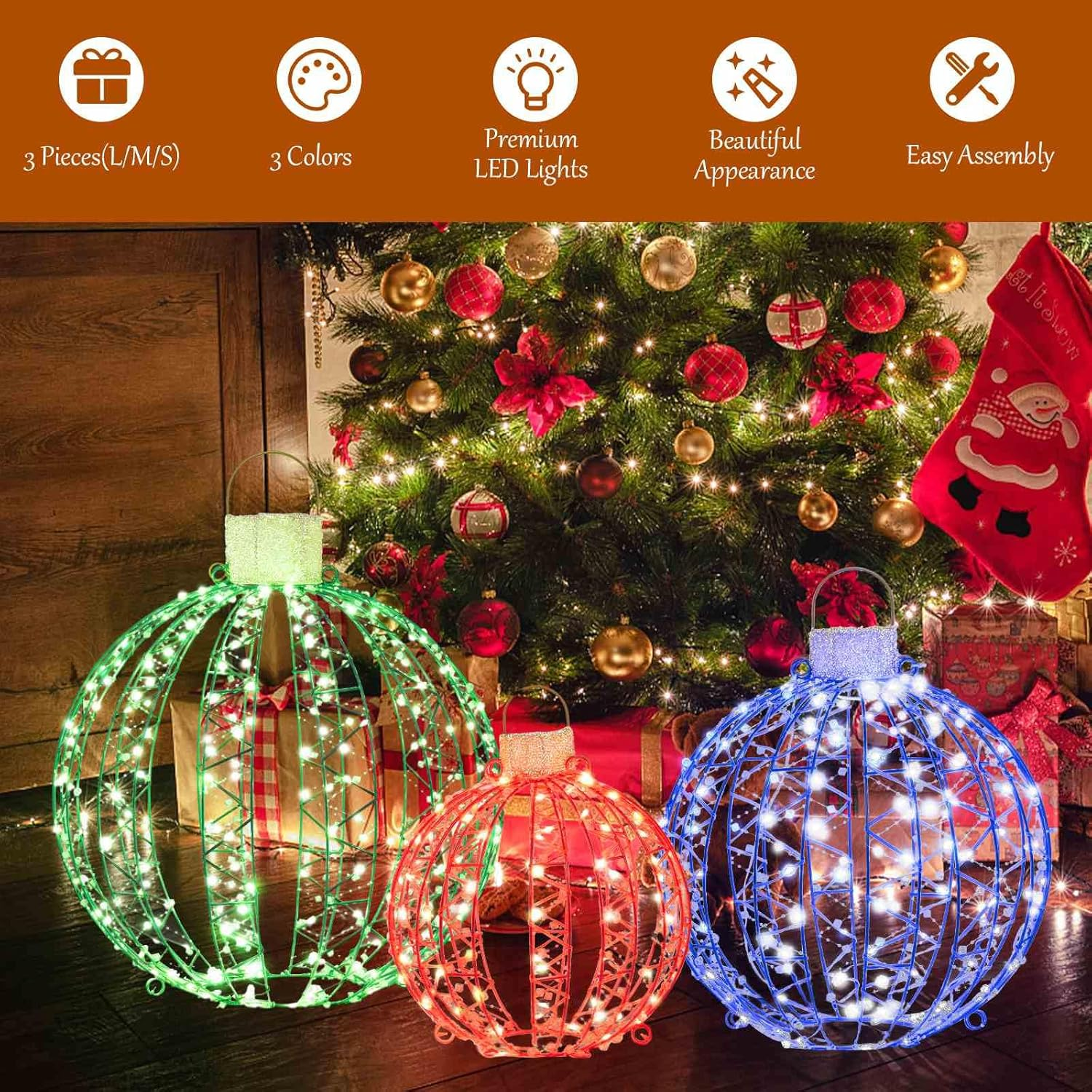 Costway 3 Pack Christmas Light Balls, Christmas Decoration Light Balls W/ 360 Led Lights & Metal Frame & Plug In, Lighted Sphere Balls for Outdoor Indoor Party Yard Lawn Tree Garden Decorations image number 3
