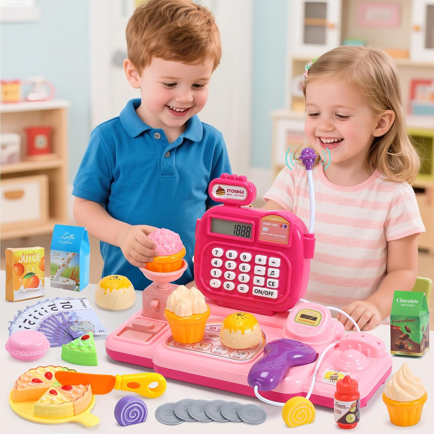 CUTE STONE Kids Toy Cash Register with Scanner & Play Food, Pretend Play Store Set with Real Calculator, Lights & Sounds， Interactive Play Cash Register for Toddlers Boys & Girls (Pink) image number 4