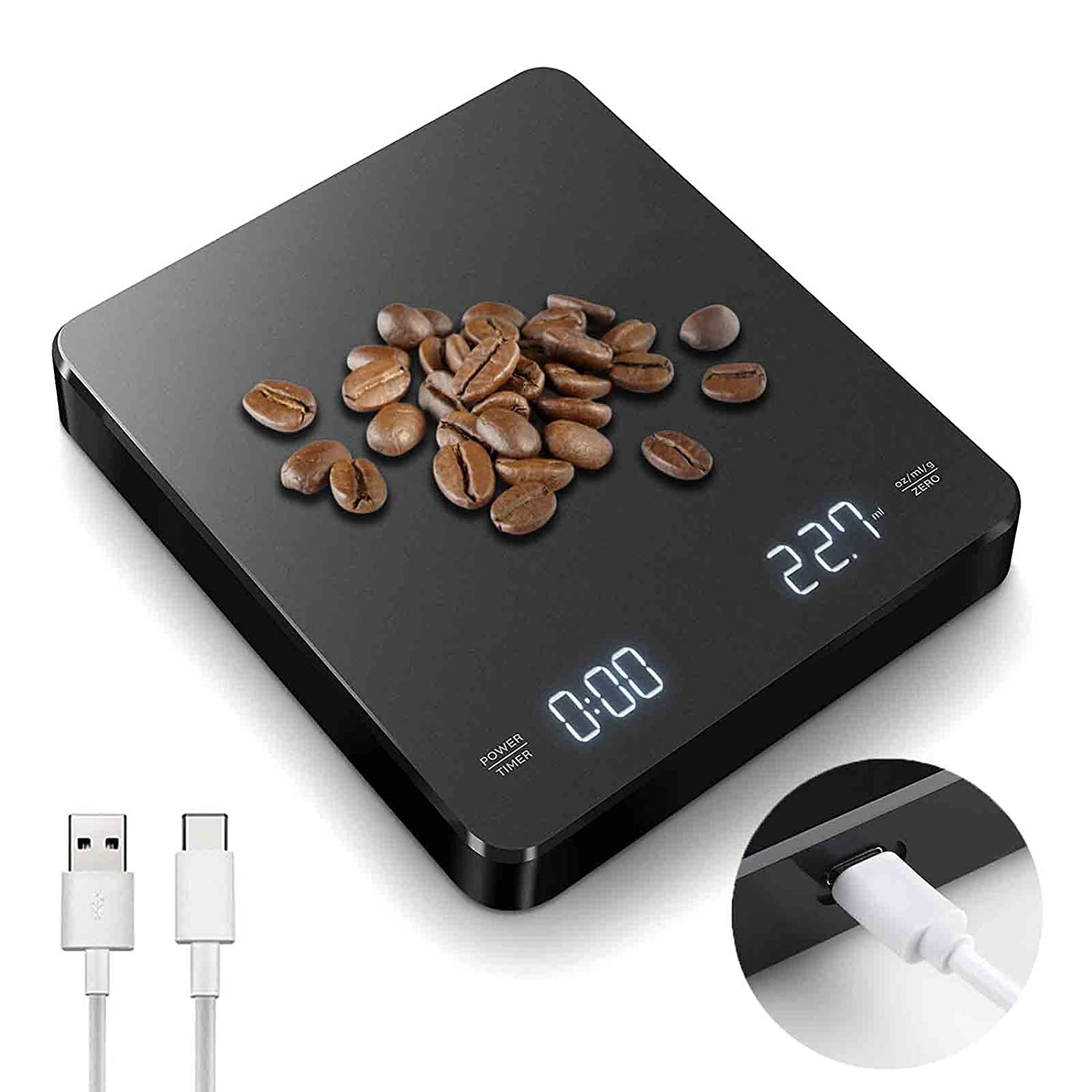 Digital Coffee Scale with Timer, 0.1G/3Kg Rechargeable Coffee Weight Scale, High Precision Espresso Coffee Scale for Pour over with Invisible LED Display and Touch Sensor Operation image number 1