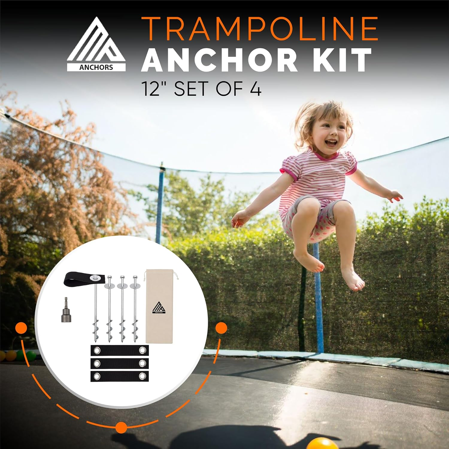 Trampoline Anchors High Wind Heavy Duty 12" Set of 4/6/8 with Straps, Drill Bit - Trampoline Anchor Kit - Trampoline Stakes Anchors High Wind - Ground Anchors - Trampoline Wind Stakes - Ground Stakes image number 5