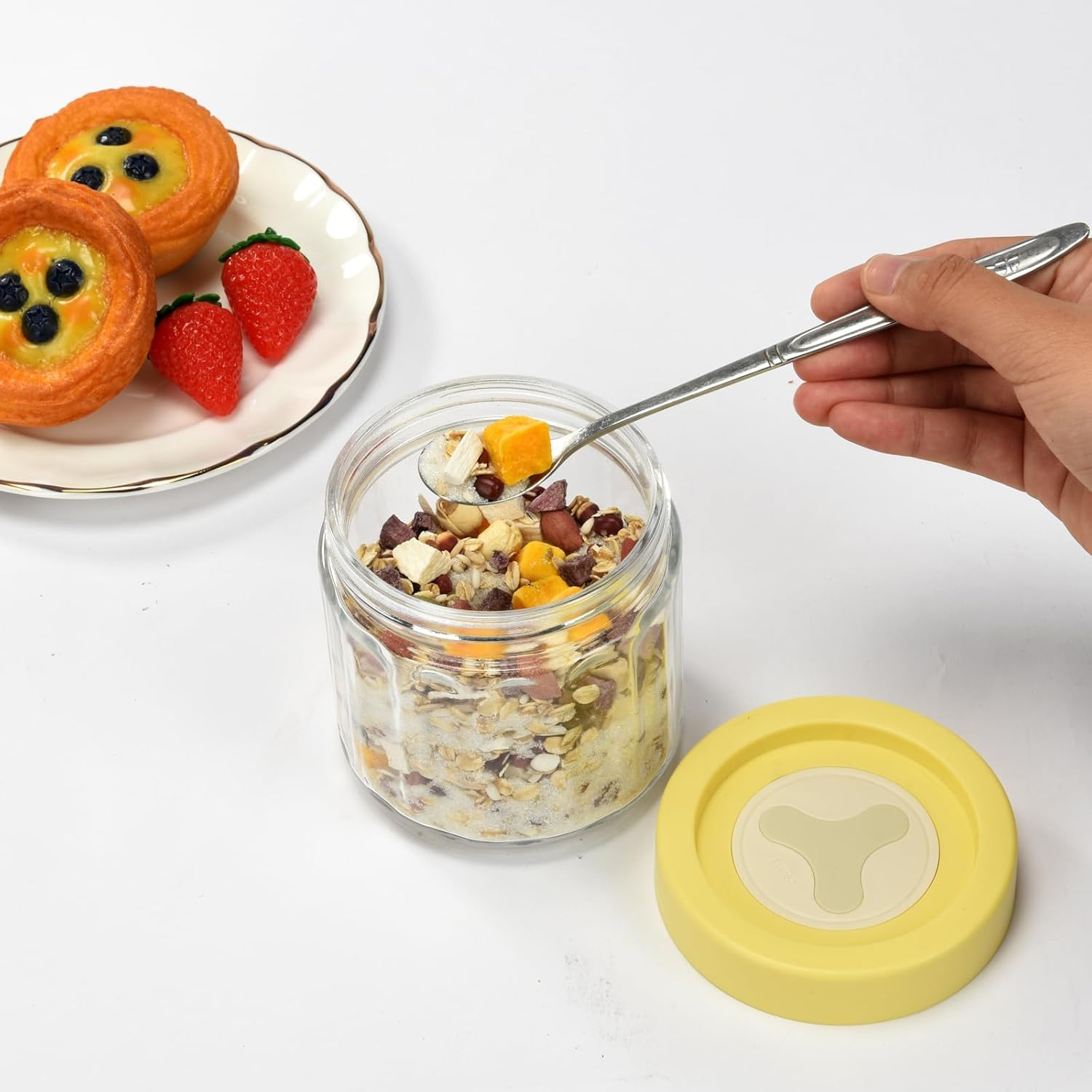 4-Pack 16Oz Overnight Oats Containers with Lids - Leakproof Airtight Mason Glass Jars for Meal Prep, Yogurt, Snacks & More - Bpa-Free Wide Mouth Containers-Two Green and Two Brown image number 1