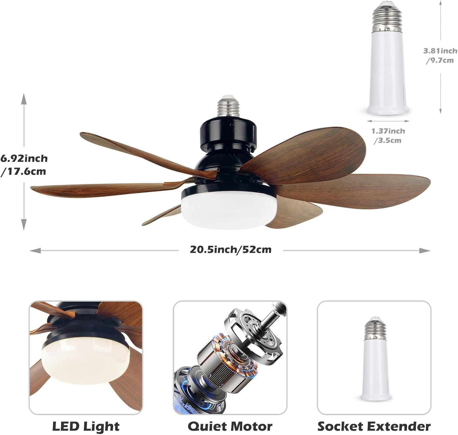 EEK Socket Fan Light with Ultra Quiet Design, 20.5&Prime; Ceiling Fans with LED Lights and Remote, Screw in Fan Light for E26/E27, 3 Speeds 3 Colors 3000-6500K,1200 Lumens for Living Room (Woodgrain) - Woodgrain image number 3