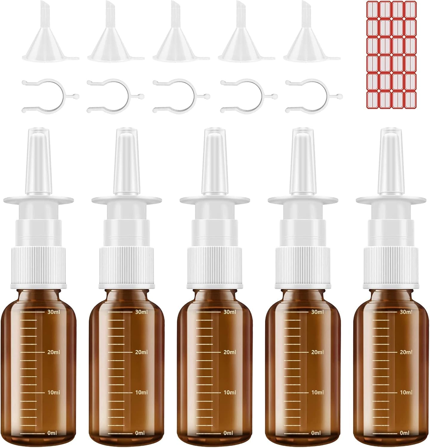 Damaill Nasal Spray Bottle, 5 Pcs 30Ml/1Oz Empty Amber Glass Bottle with Scale, Fine Mister Refillable Spray Bottles with Funnels Travel Lock Clips and Labels image number 2