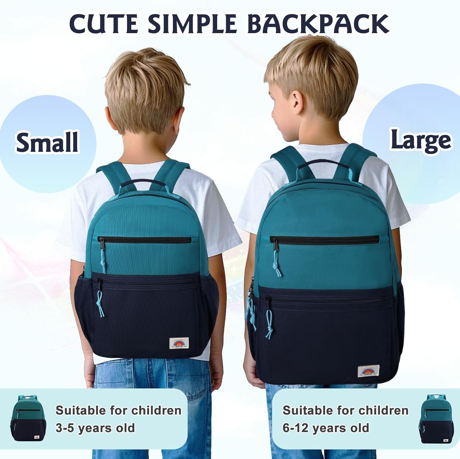 Toddler Kid Backpack,Vaschy Teen Boys Girls Lightweight Water Resistant Plain Color-Block Kids Bookbag Daypack with Two Sizes image number 2