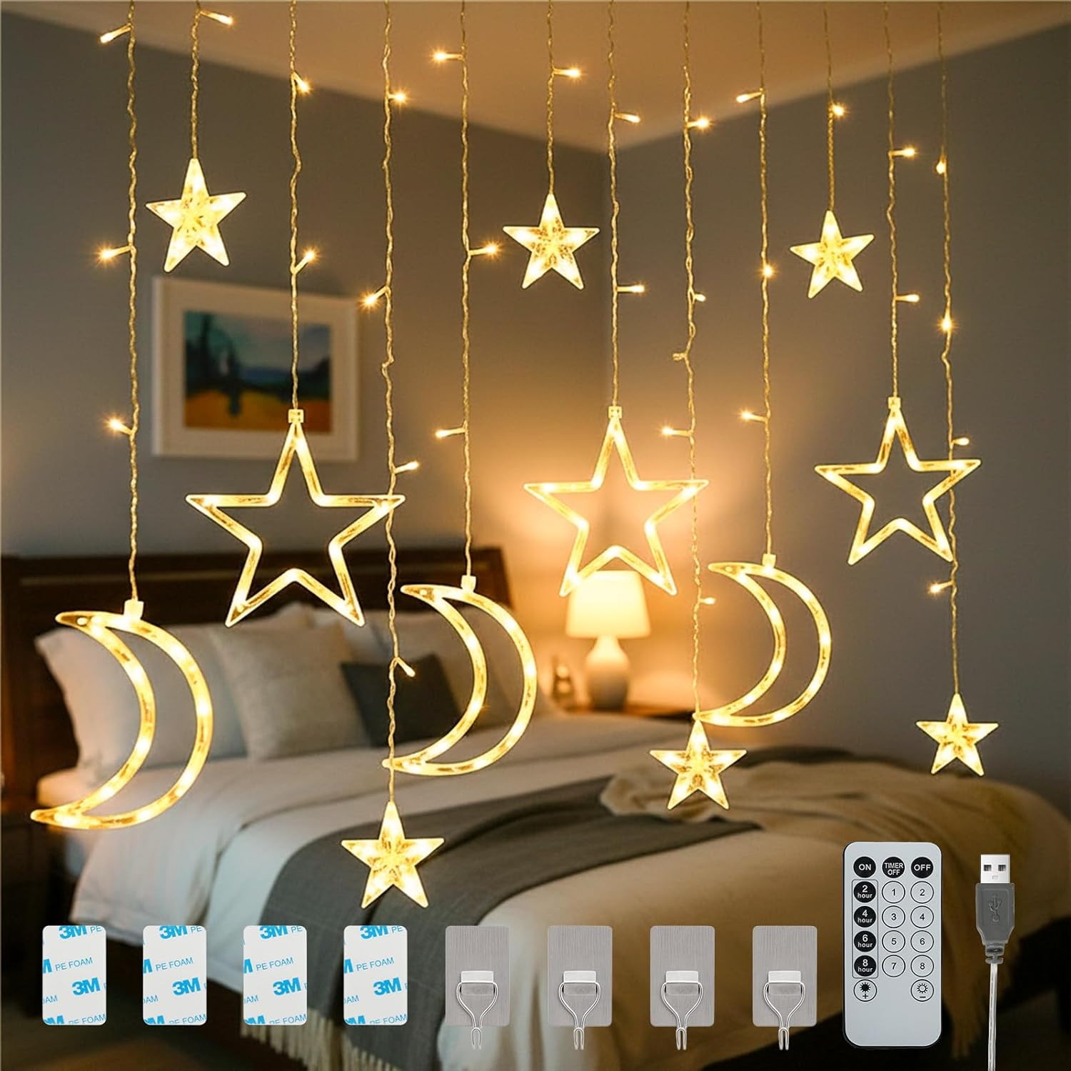 LIWEGHT Star & Moon String Lights &ndash; 3.5M 100 LED Battery Operated Fairy Lights Warm White Waterproof Lights for Bedroom, Tent & Patio Indoor/Outdoor Christmas & Wedding Decor image number 5