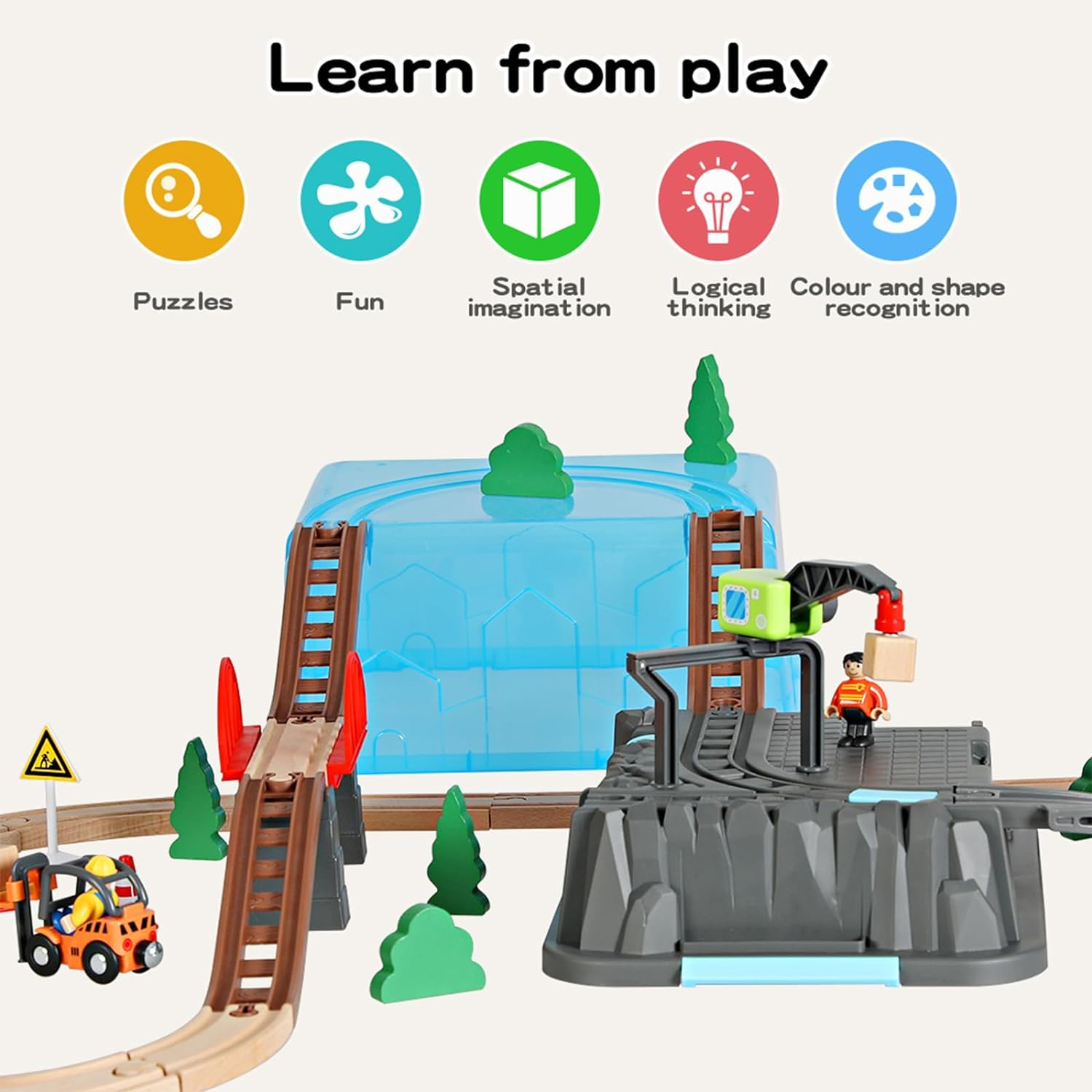 Bopeep Train Play Toys Set Kids/Toddler Track Vehicle DIY Wooden Cars Miniature Magnetic Trains Storage Puzzle Railway & Road Activity Girls&Boys 55PCS image number 4