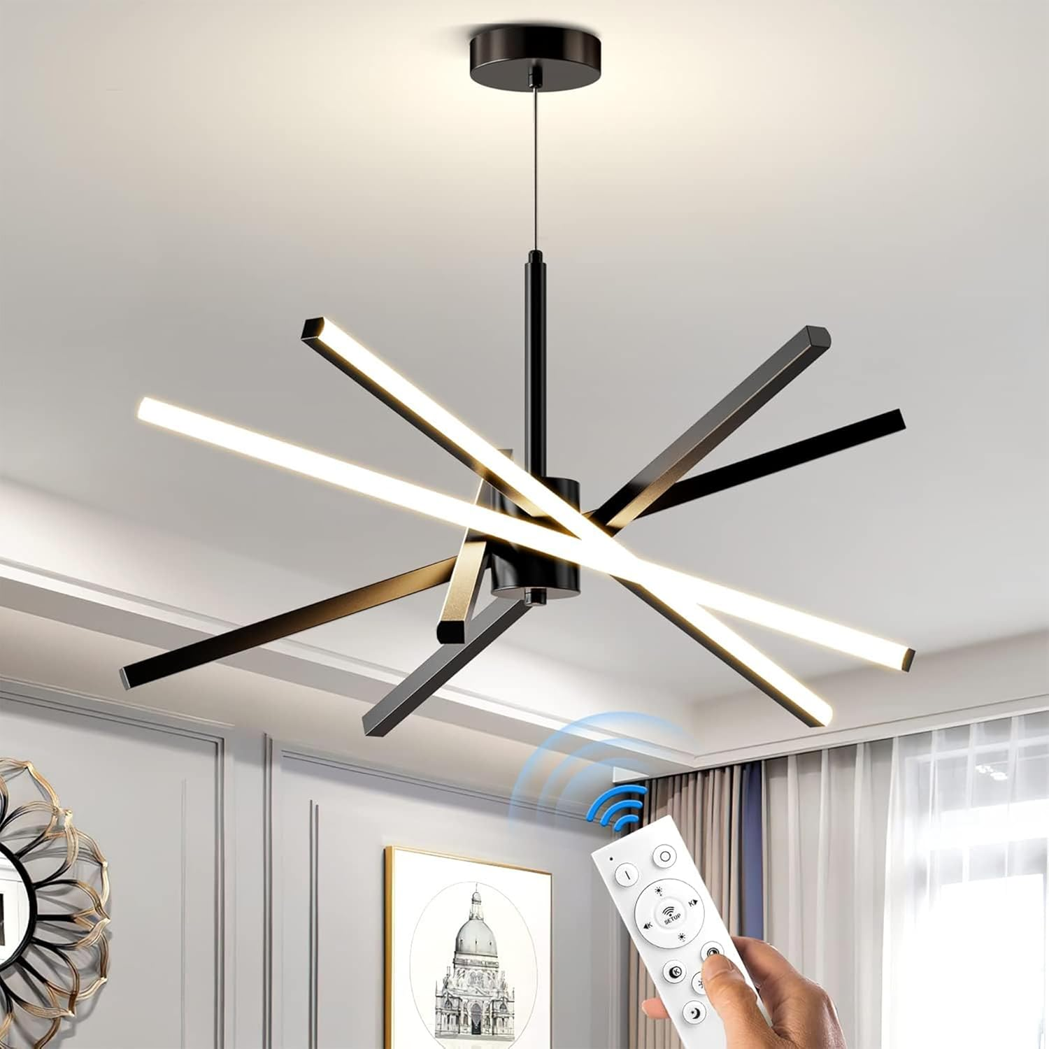 LED Pendant Light Chandelier - Linear Modern Adjustable Hanging Island Ceiling Light Fixture for Dining Room Kitchen Living Room Bed Room (Black)