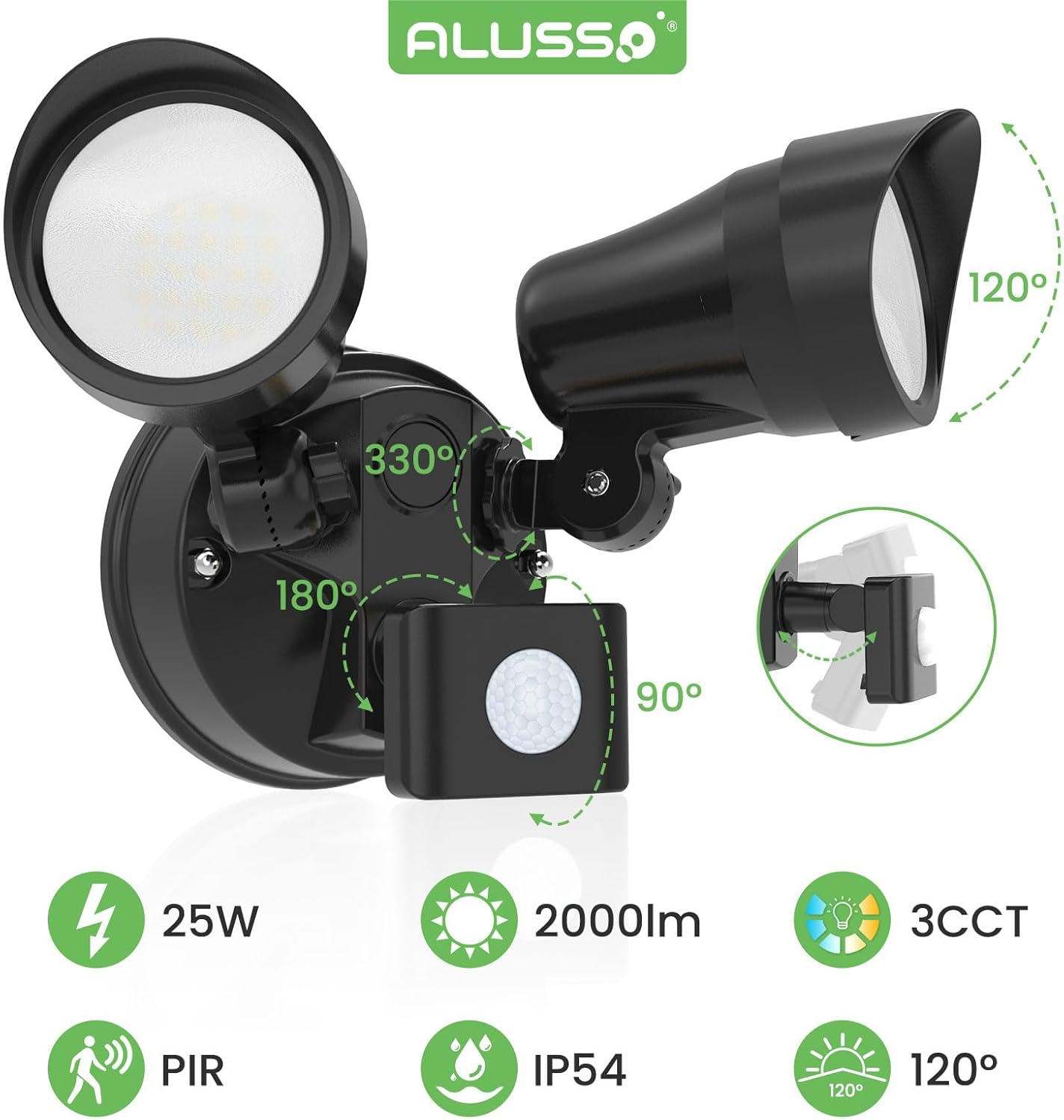 ALUSSO LIGHTING 25W 2000LM LED Security Lights with Motion Sensor 3CCT Adjustable 3000K 4000K 6500K Double Sensor Wall Light IP54 Waterproof Floodlights for Garden Patio Yard Porch image number 6