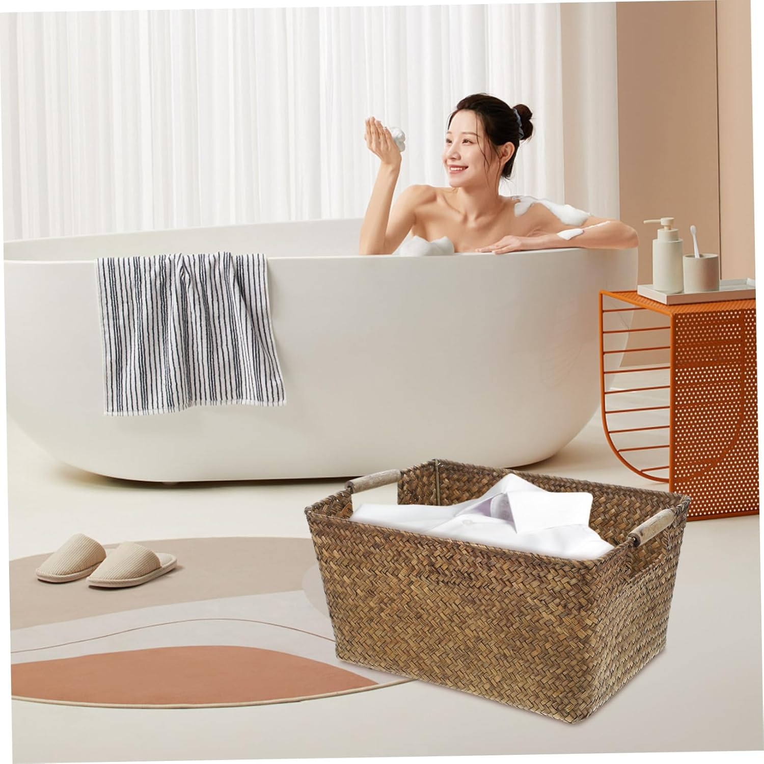 OFFSCH Seagrass Woven Storage Basket with Wooden Handles, Medium 34X25X17Cm Natural Fiber Organizer for Home and Office Shelves, Toy and Sundry Storage Container image number 1