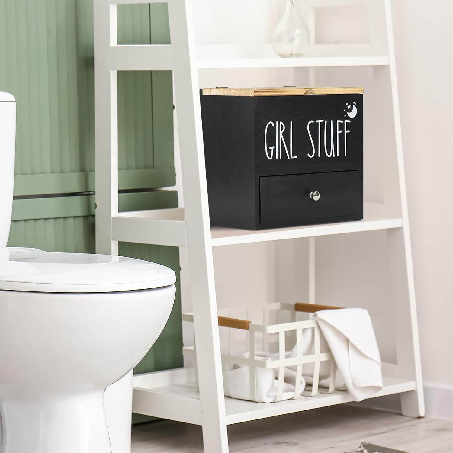 Tampon Holder for Bathroom Decor and Storage, Wood Feminine Product Organizer with Drawer and Lid, Pad and Tampon Organizer Bathroom Accessories Box for Tampon Storage, Black Cotton Ball/Swab Holder image number 5