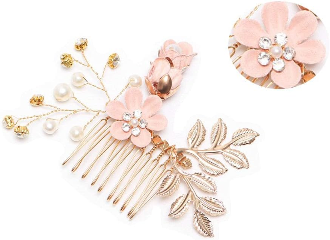 KOMUNJ Set of 4 Hair Comb Wedding Bridal Hair Accessories Wedding Hair Comb Pearl Flower Bridal Hair Accessories Rhinestone for the Bride Bridesmaid - Pink Flower image number 4