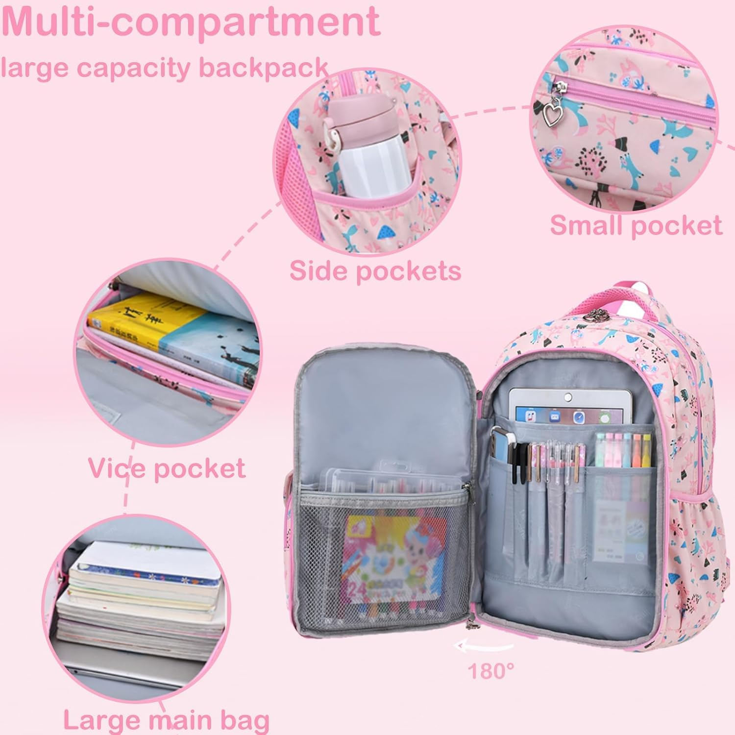 Cute School Backpack for Kids Girls Kawaii Bunnylightweight Waterproof Cute School Bookbag Elementary Schoolbag Ages 6-12,Refrigerator Style Door Opening
