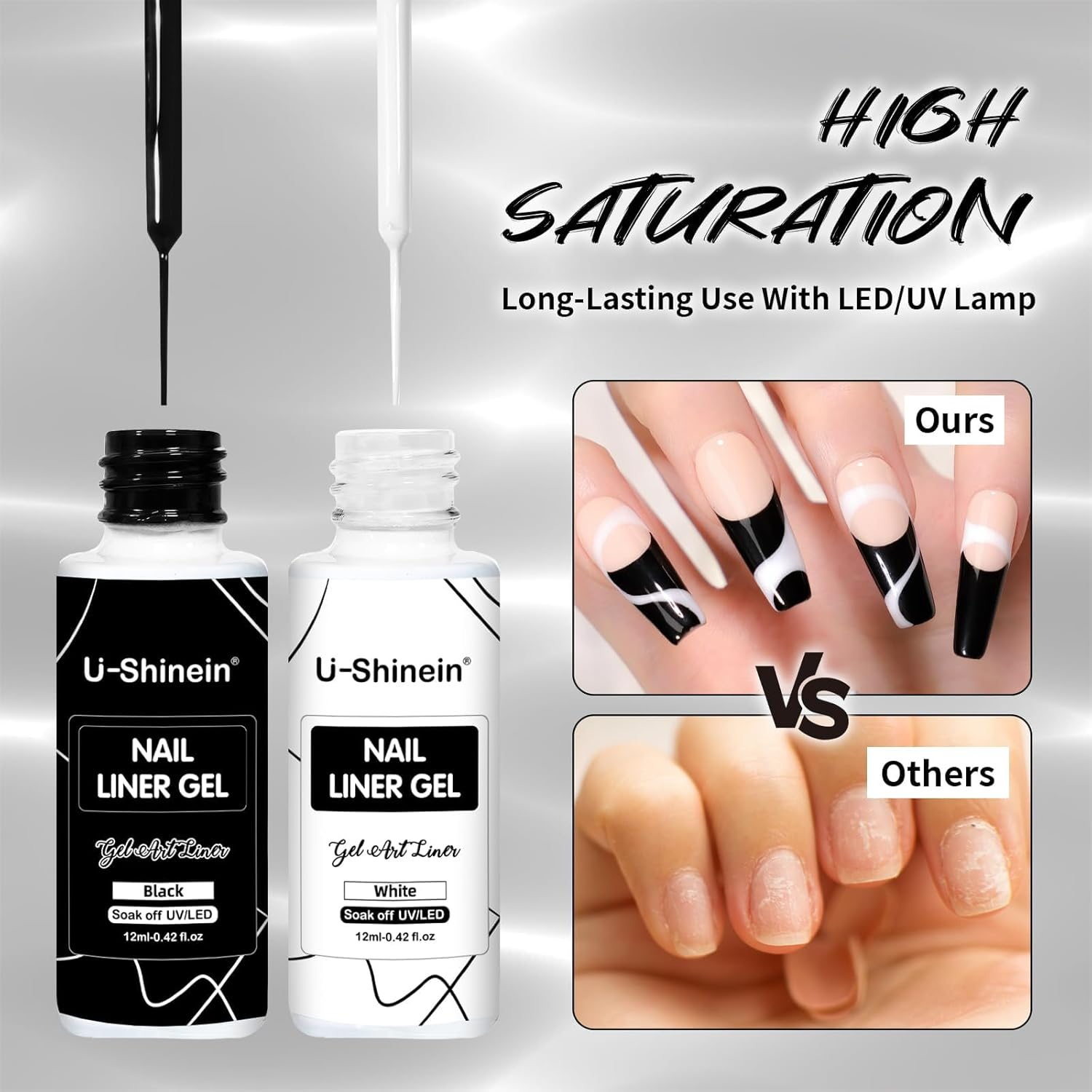 2X12Ml White and Black Painted Gel Nail Polish Set, Painting Line Gel (With Built-In Fine Brush), High Gloss Long-Lasting DIY Nail Art Home Nail Salon Gel Liner LED/UV Application. image number 1