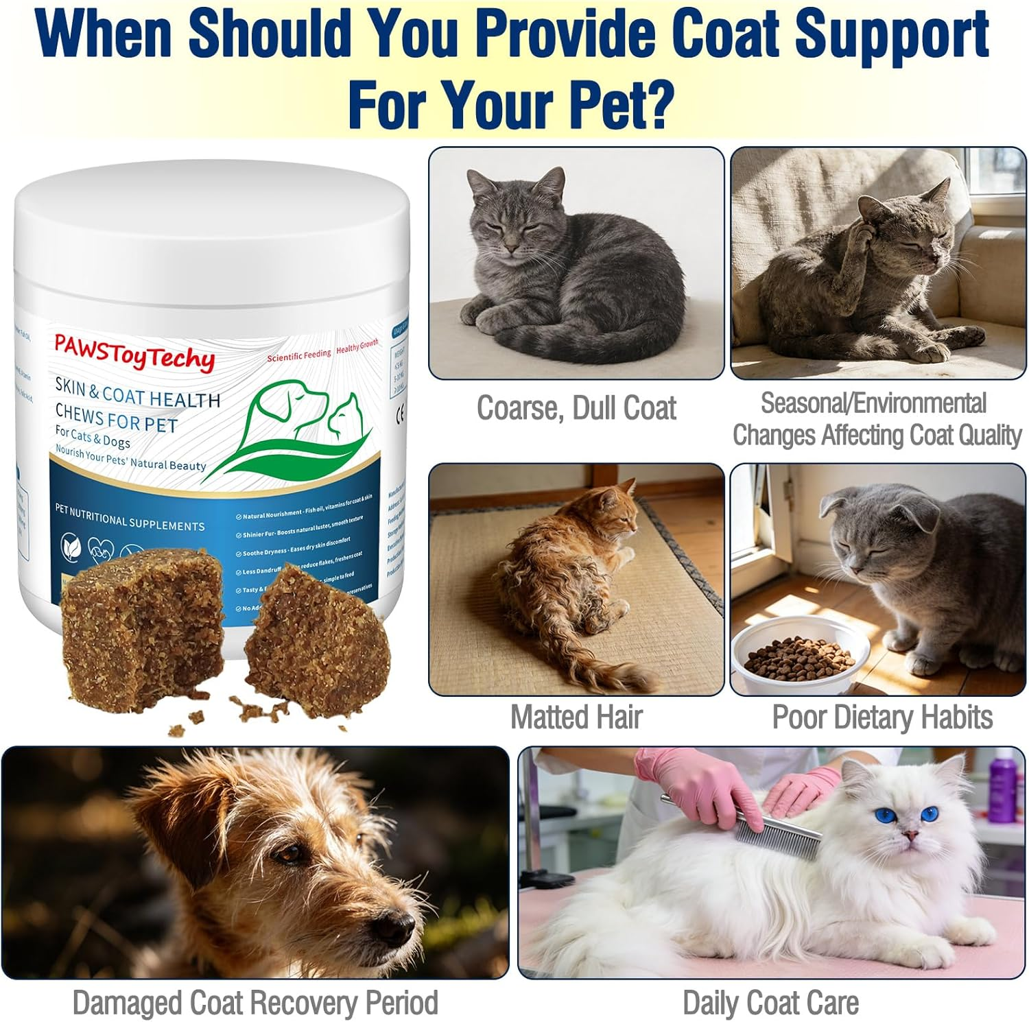 Cat Skin and Coat Healthy Chews, Crunchy Treats with Vitamin E, Omega 3, Moisturizes Skin & Promotes Shiny Hair, Reduces Shedding for Cats, Cat Supplements - Chicken 300G image number 1