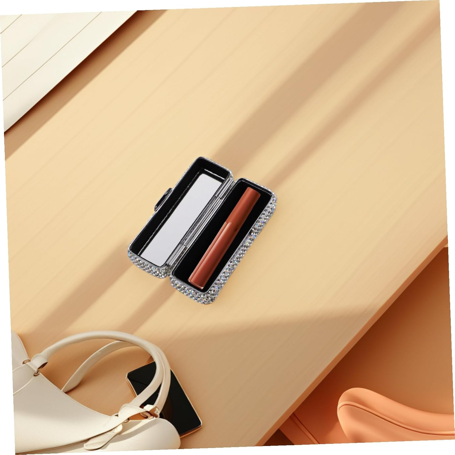 HAMPPLIES Bling Rhinestone Lipstick Case with Built Mirror Single Lipstick Storage Holder for Travel Portable Makeup Organizer with Shiny Diamond Decoration Elegant Purse Accessory image number 1