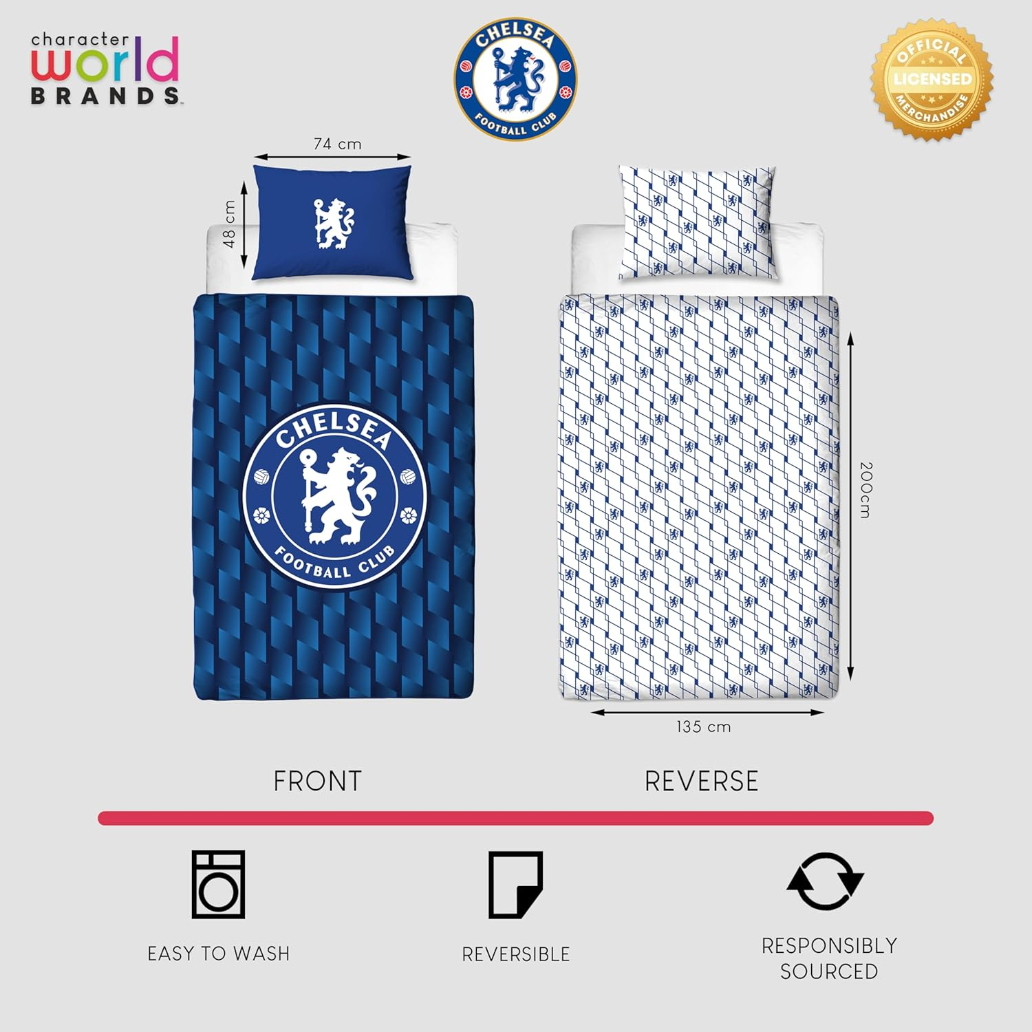 Character World Chelsea FC Official Single Duvet Cover Set, Geometric Design | Blue Reversible 2 Sided Football Bedding Cover Official Merchandise Including Matching Pillow Case | Polycotton