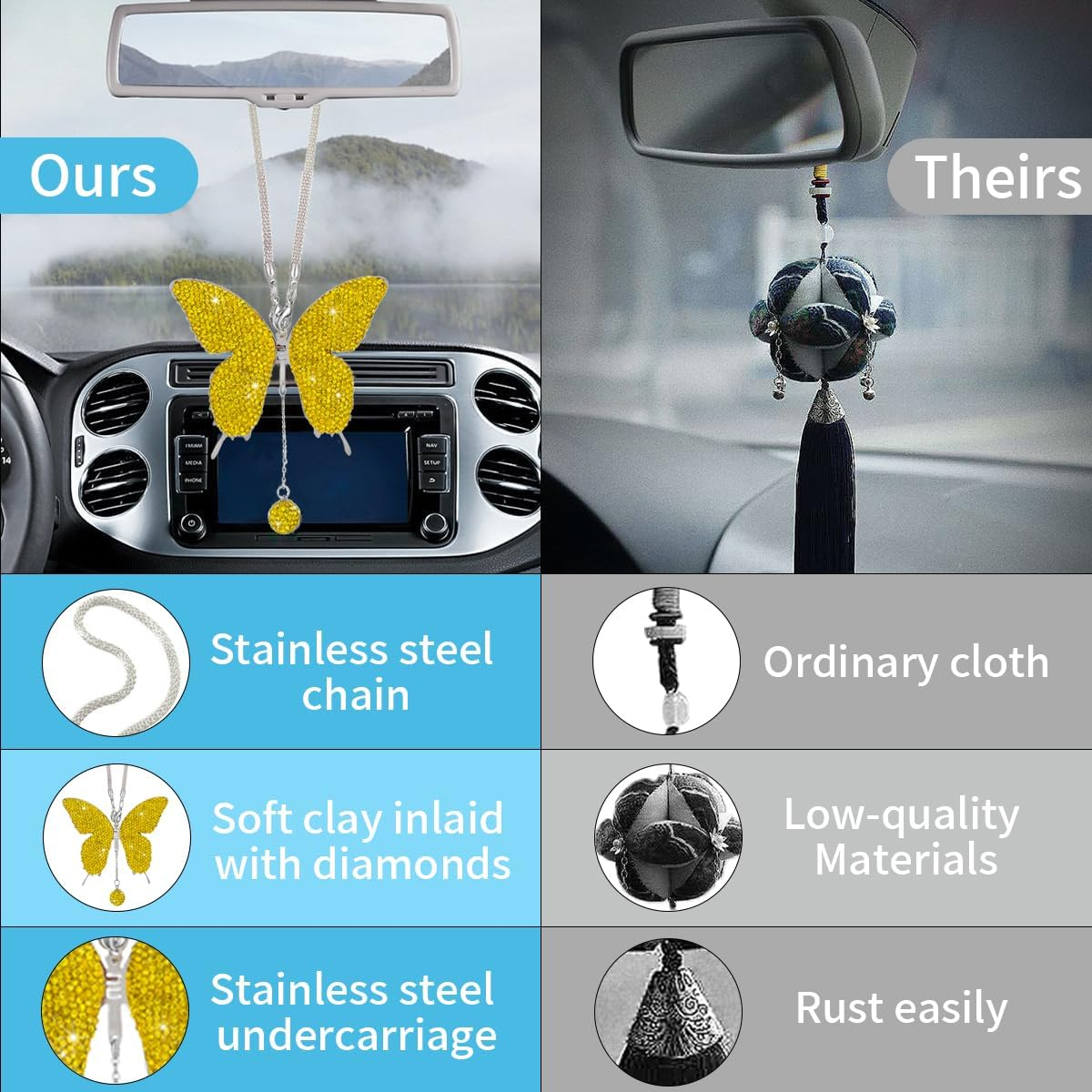 Bling Butterfly Diamond Car Hanging Accessories, Crystal Butterfly Rear View Mirror Luck Car Decoration Accessories for Women, Valentine'S Day Presents Ornament Pendant for All Cars (Lemon Yellow) image number 6