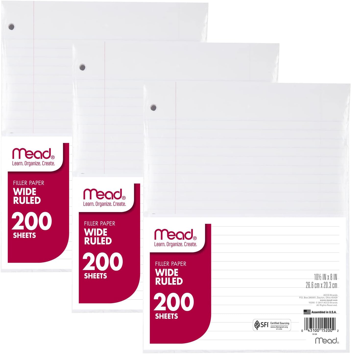 Mead Loose Leaf Paper, Notebook Paper, Wide Ruled Filler Paper, Standard, 8 X 10.5, 200 Sheets (15200) White image number 1