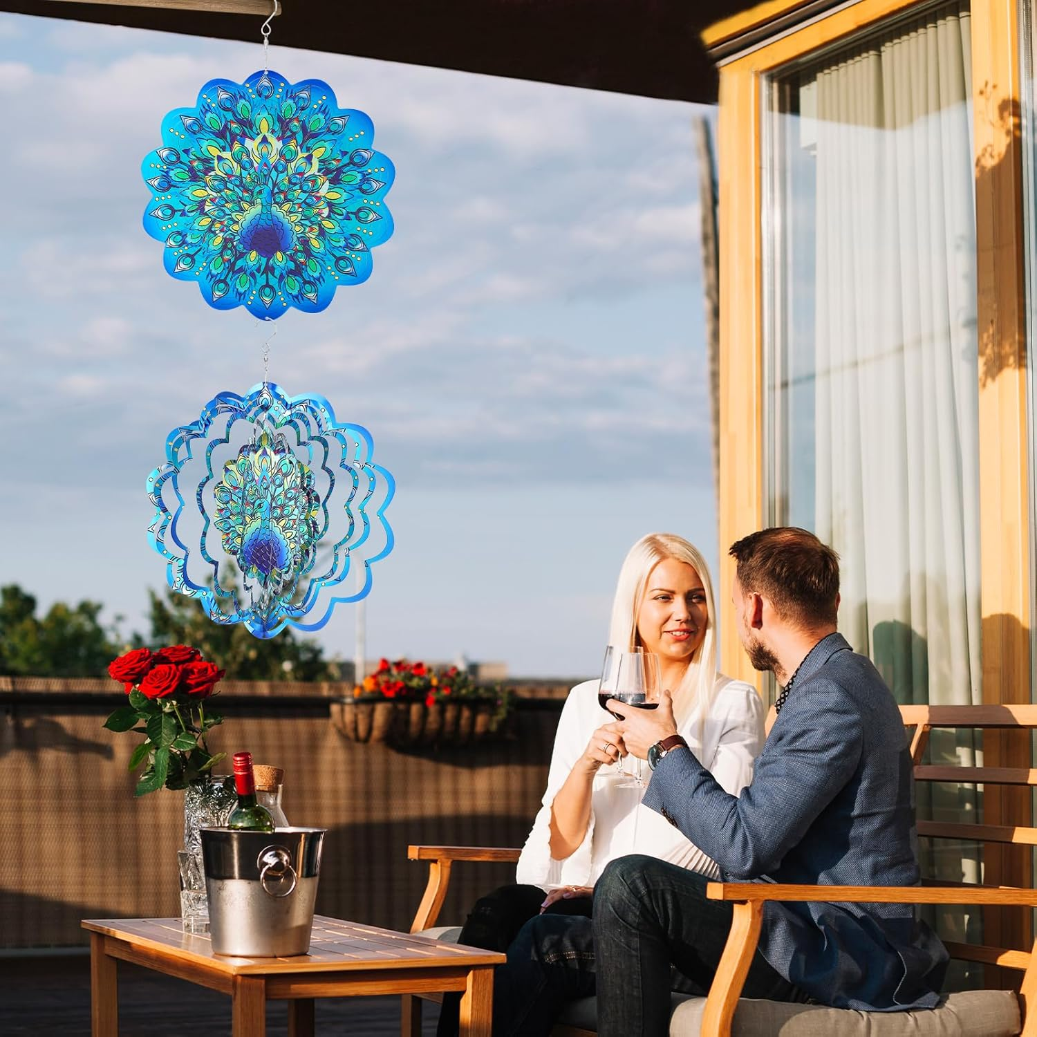 Metal Wind Spinners, Peacock Stainless Steel 3D Hanging Wind Spinners, 12 Inch Laser Cut Wind Sculptures for Women Gift, Indoor/Outdoor Decor, Yard Art Decorations (Peacock) image number 3