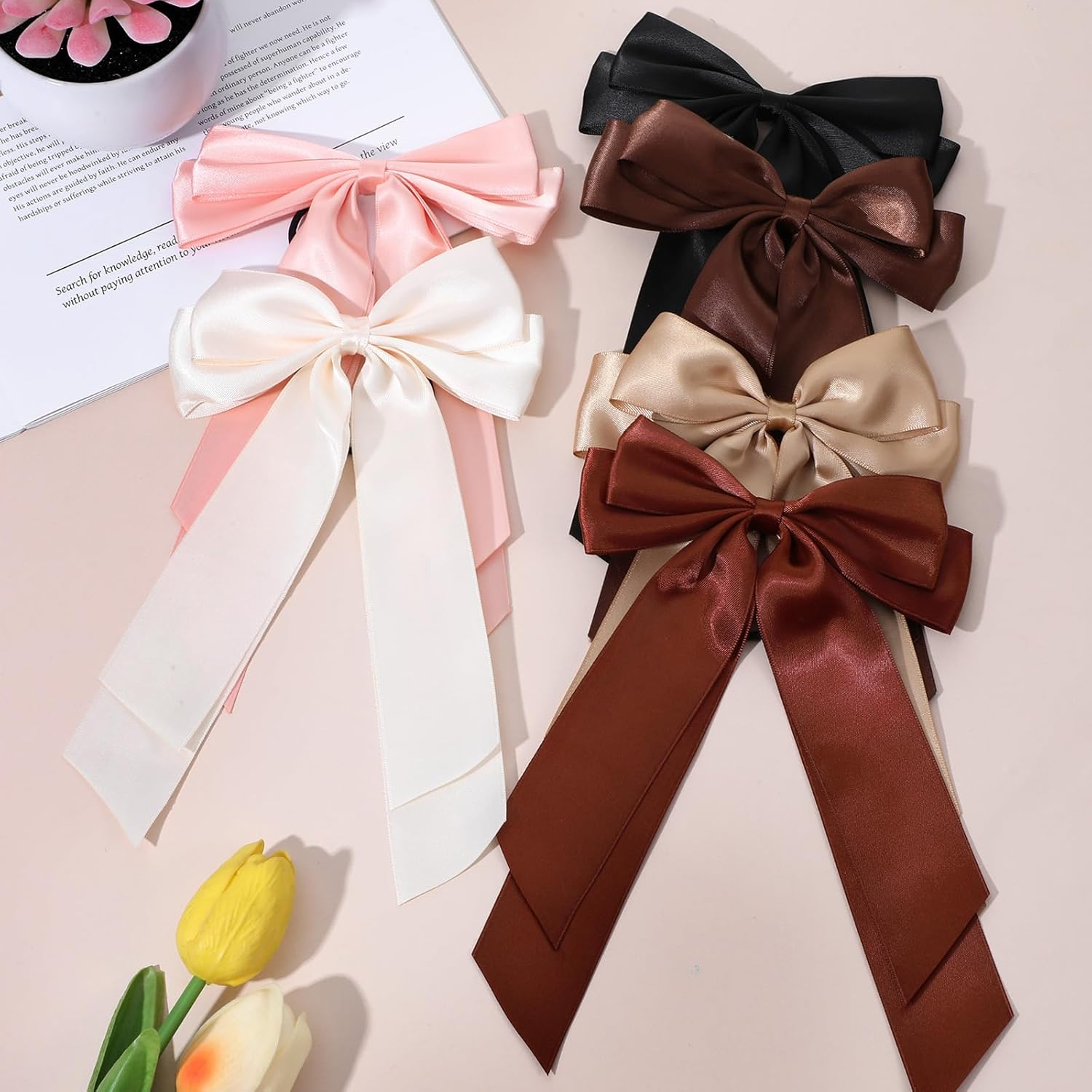KFHENSOMR Bow Hair Ties 6 Pcs Colorful Hair Ties with Bows Satin Hairs Ribbon Scrunchies Elastic Hairs Bows for Women Ponytail Holder Cute Ribbons Bow Scrunchies Accessories for Women
