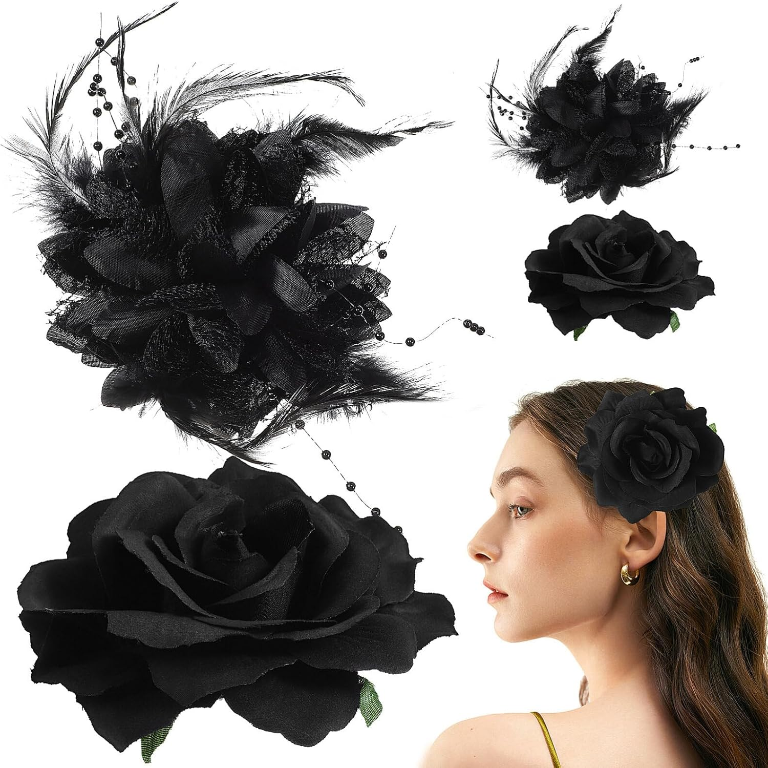 Beaupretty Flower Hair Clip Black Flowers Hair Clips Halloween Hair Clips Women'S Rose Flowers Hair Accessories Festival Halloween Hair Pin Pack of 4 image number 2