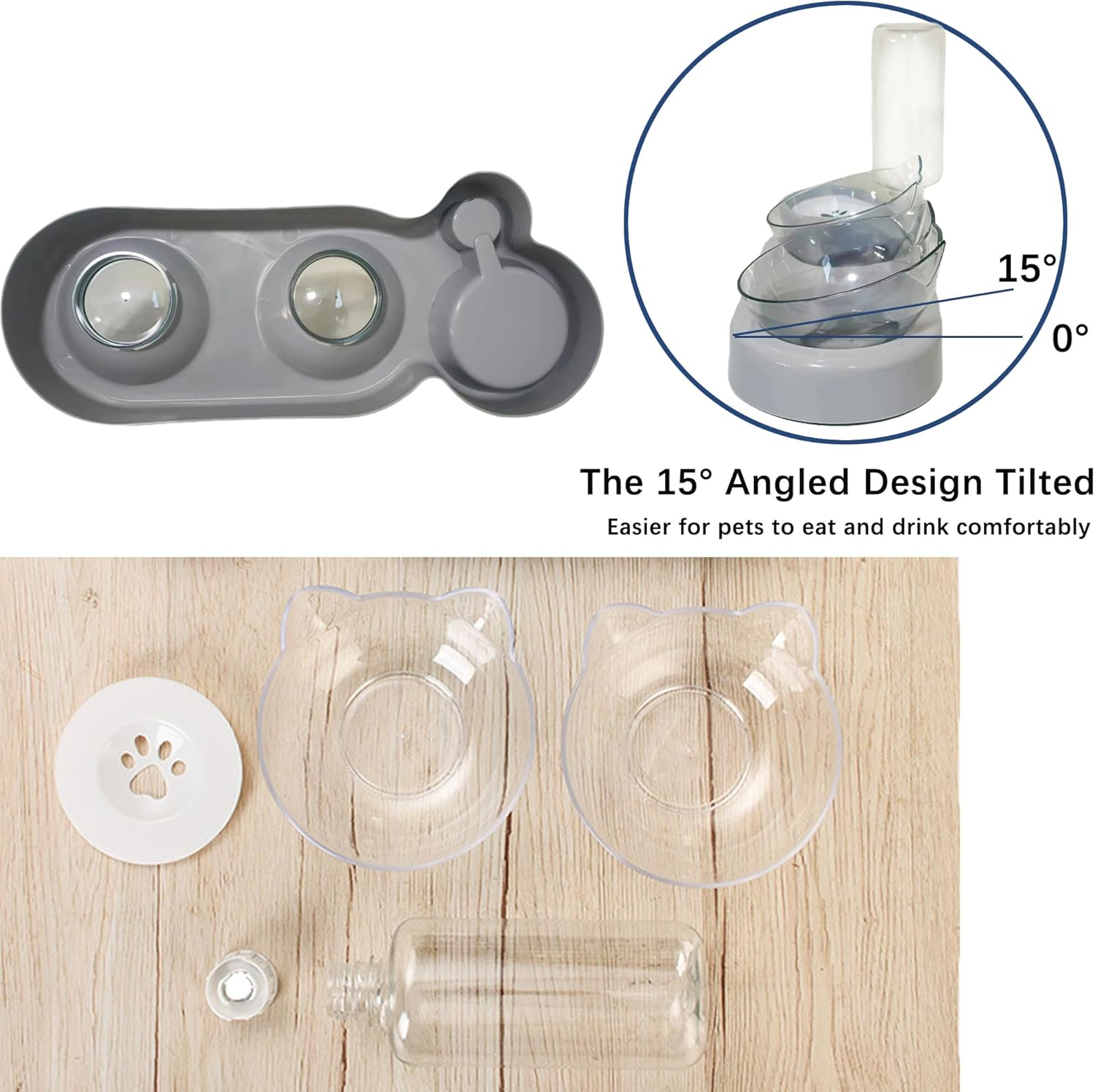 3-In-1 Cat Food Bowl Set, Cat Food Bowls, Detachable Bowls for Cat Dog, Double Cat Bowls with Automatic Water Dispenser, Anti-Spill Feeder with Stand for Small Medium Dogs Cats image number 5