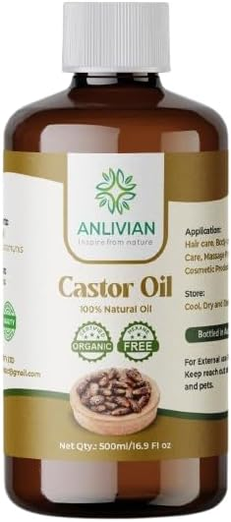 Organic Castor Oil 500Ml (AMBER GLASS BOTTLE) by Anlivian, Pure Natural & Cold Press, Unrefined, Moisturizer Oil, for Hair Growth, Eyebrows, Eyelashes, Skin,Nails image number 2