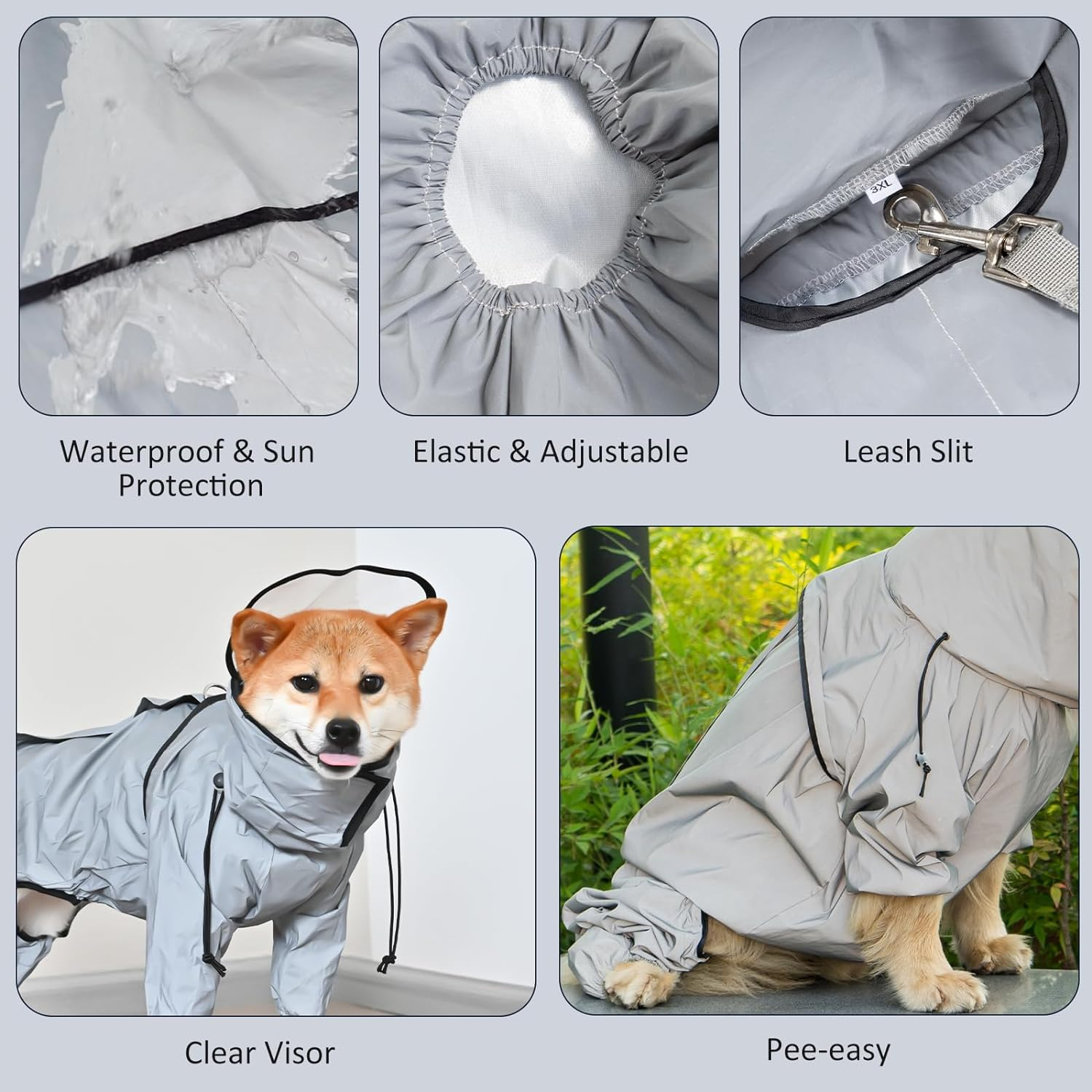 Avont Dog Raincoat - Waterproof Rain Jacket with Transparent Hood, Fully Reflective & Adjustable Pet Rain Poncho for Puppy -Grey (S) image number 3