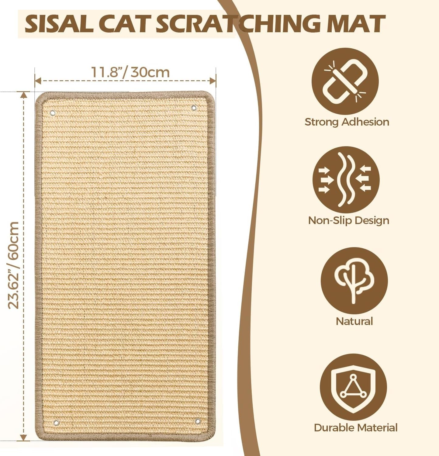Cat Scratcher Mat - Sisal Cat Scratching Post for Indoor Cats Kitten, Wall Floor Mount Double-Sided Cat Scratch Pad with Adhesive Screw, 60CM X 30CM Reinstallable Furniture Protector